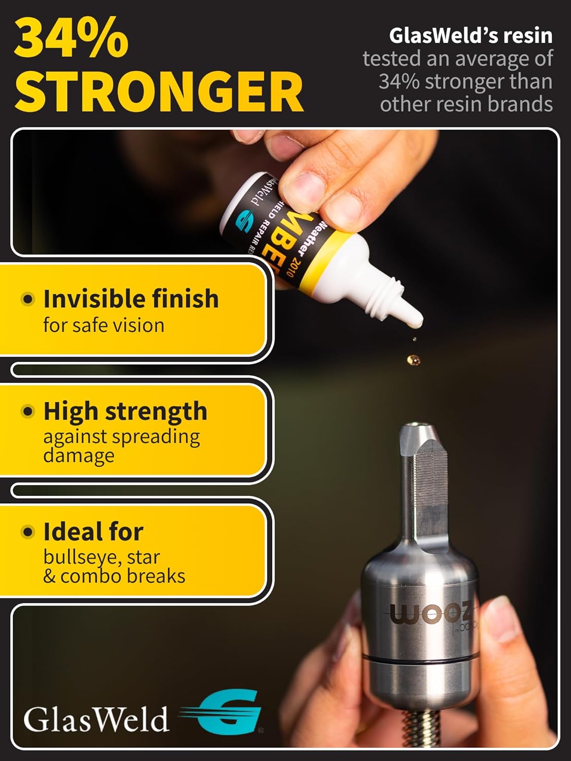 GlasWeld Windshield Repair Resin – Liquid Auto Windshield Chip Repair Kit for Glass Crack & Damage – Amber Tint for Reduced Visibility – All-Weather Liquid Resin with Zoom Injector & UV Curing Lights