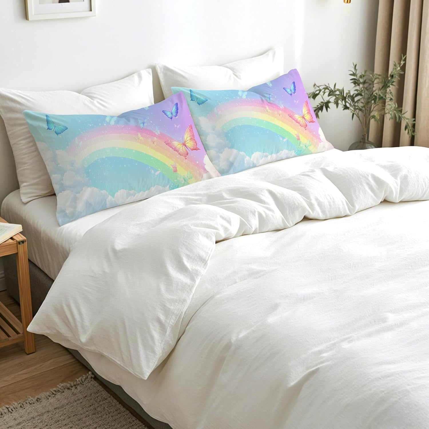 Rainbow Pillow Cases King Size Set of 2 - Soft Breathable Microfiber Pillowcases with Envelope Closure, Girls Butterfly Colorful Patterned Pillow Covers, Rainbow Decor
