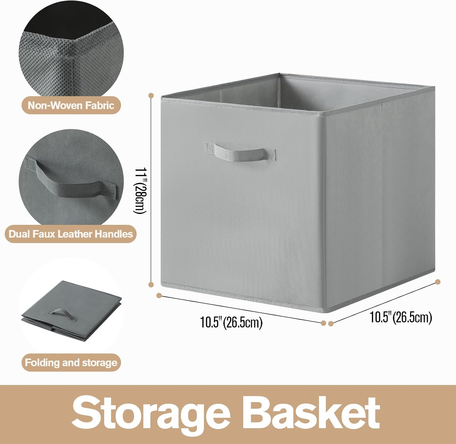 Foldable Storage Bins with Handles, 10.5x10.5x11 Inch Collapsible Non-Woven Fabric Storage Cubes, 2 Pack for Closet Shelves Nursery Home Office