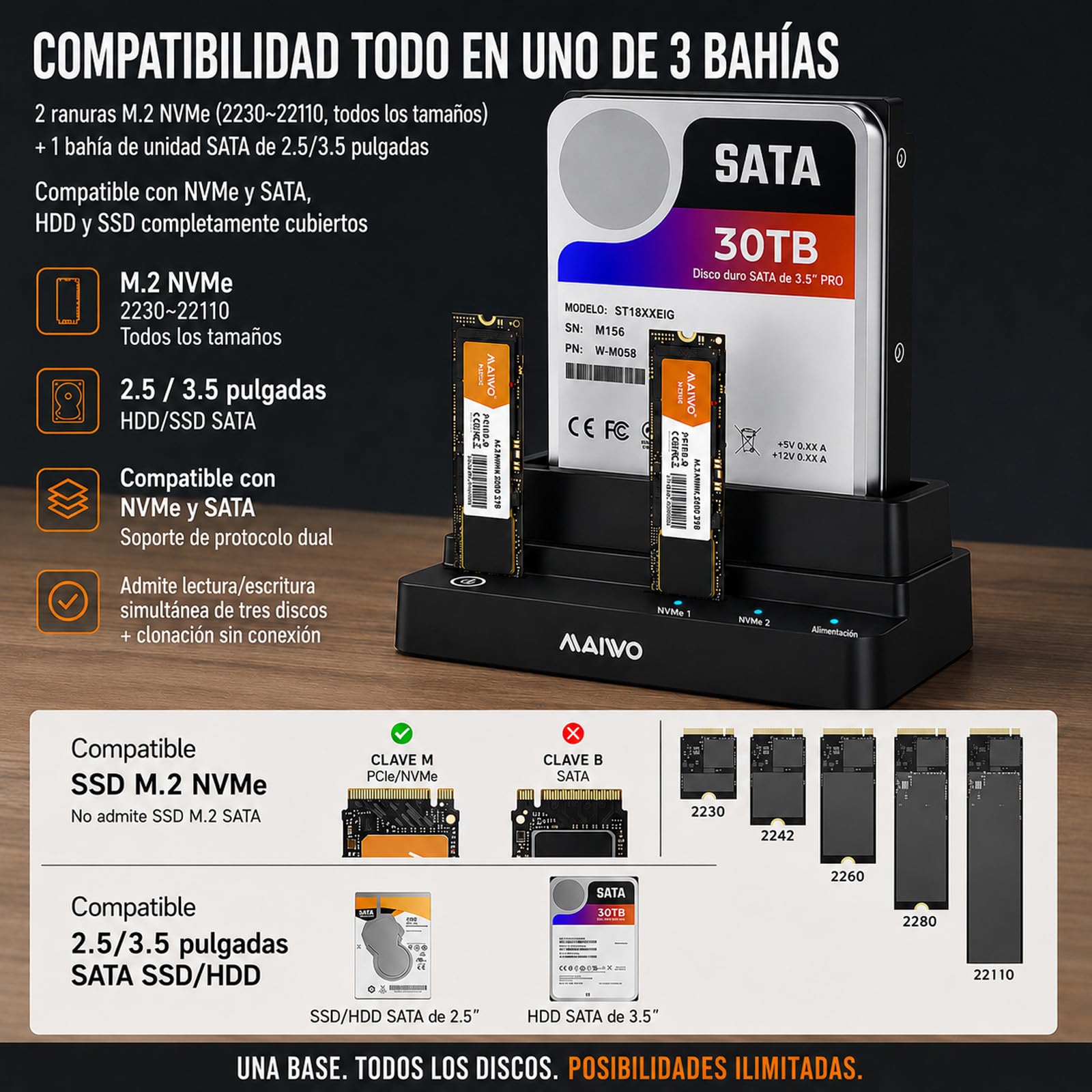 Docking Station de 3 Bahía Estación de Acoplamiento de Disco Duro
