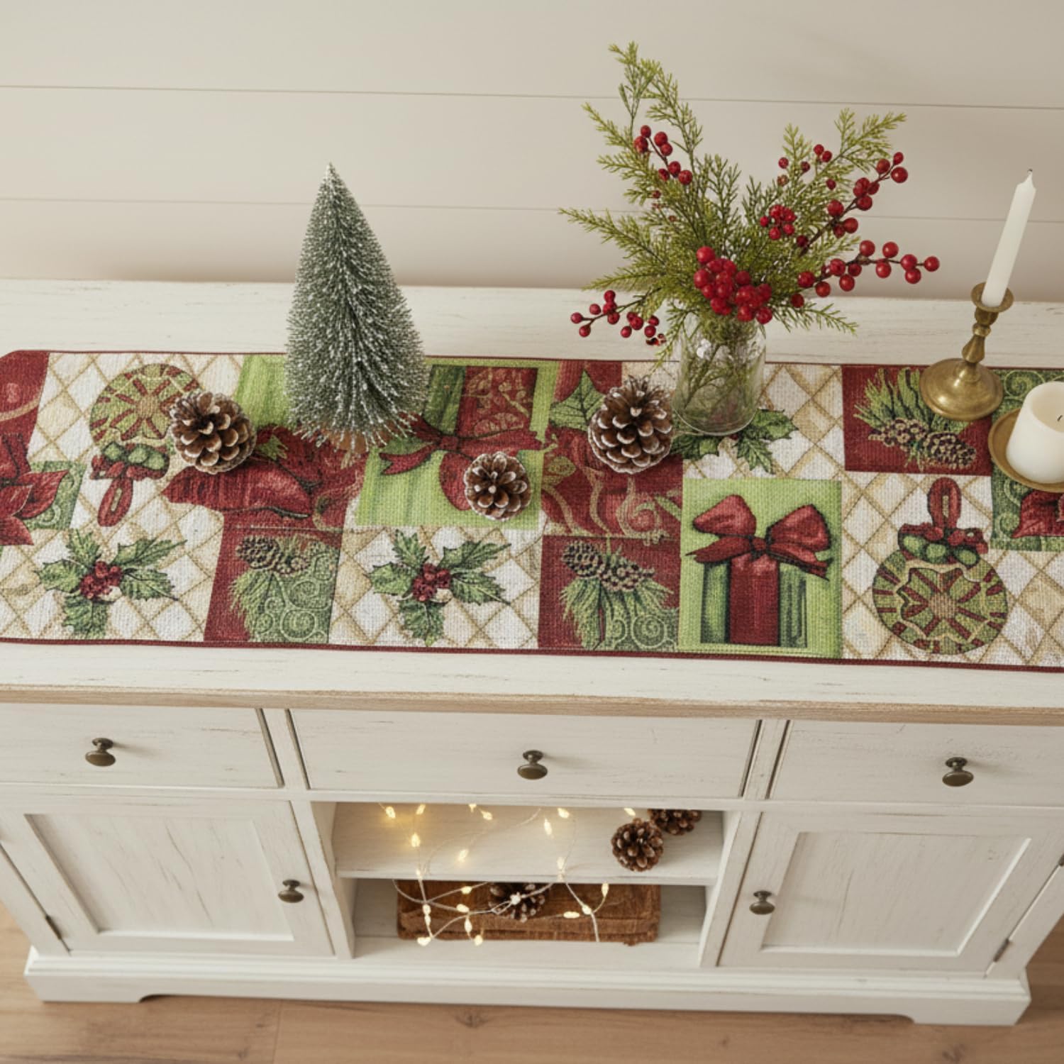 Tache Christmas Green Red Decorative Tapestry Holiday Tidings Poinsettia Table Runners with Tassels, 13 x 72