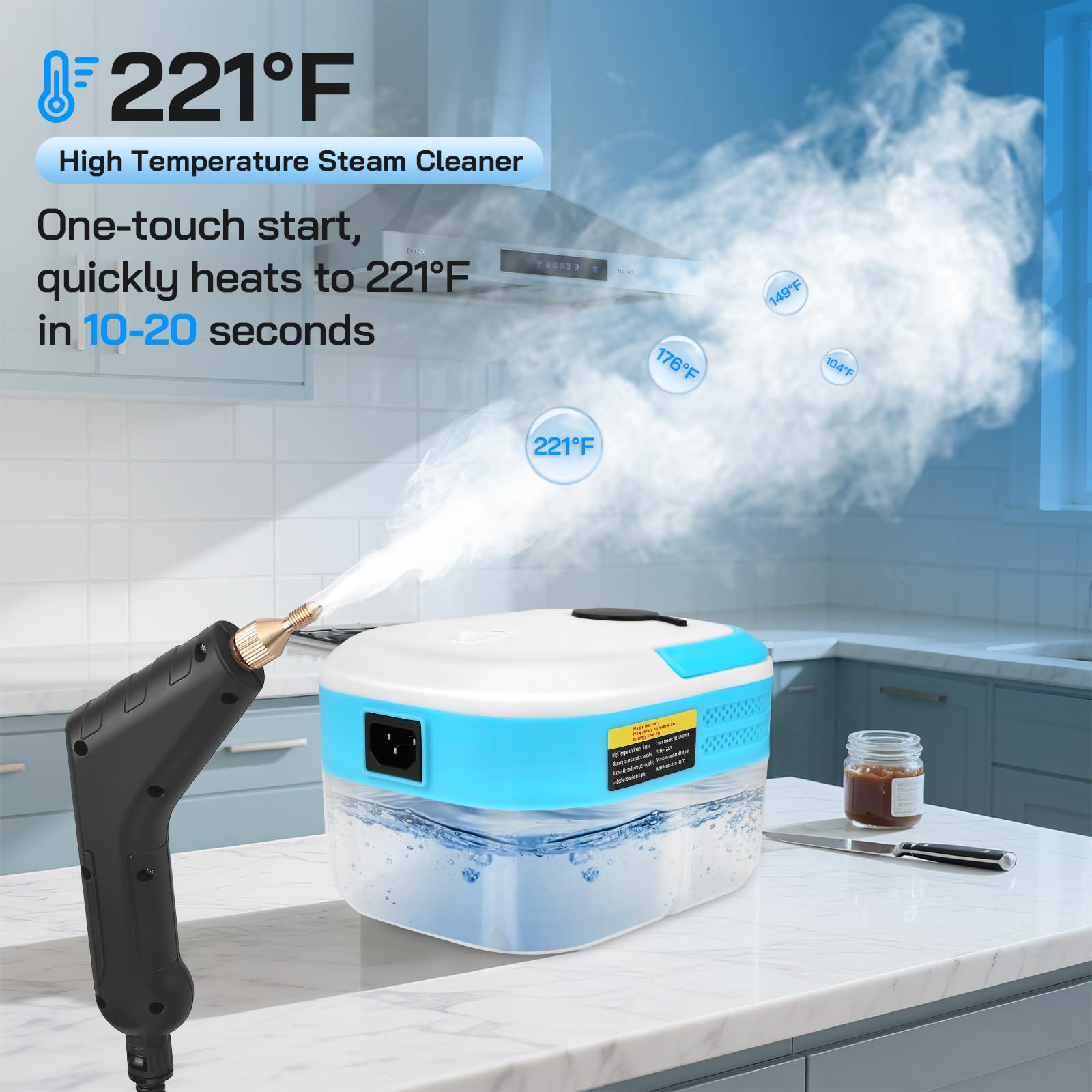 Limpiador a vapor manual, 1500 W, limpiador de vapor de mano portátil con depósito de agua grande de 1200 ml, limpiador a vapor de alta presión, 7 accesorios para todos los muebles de cocina