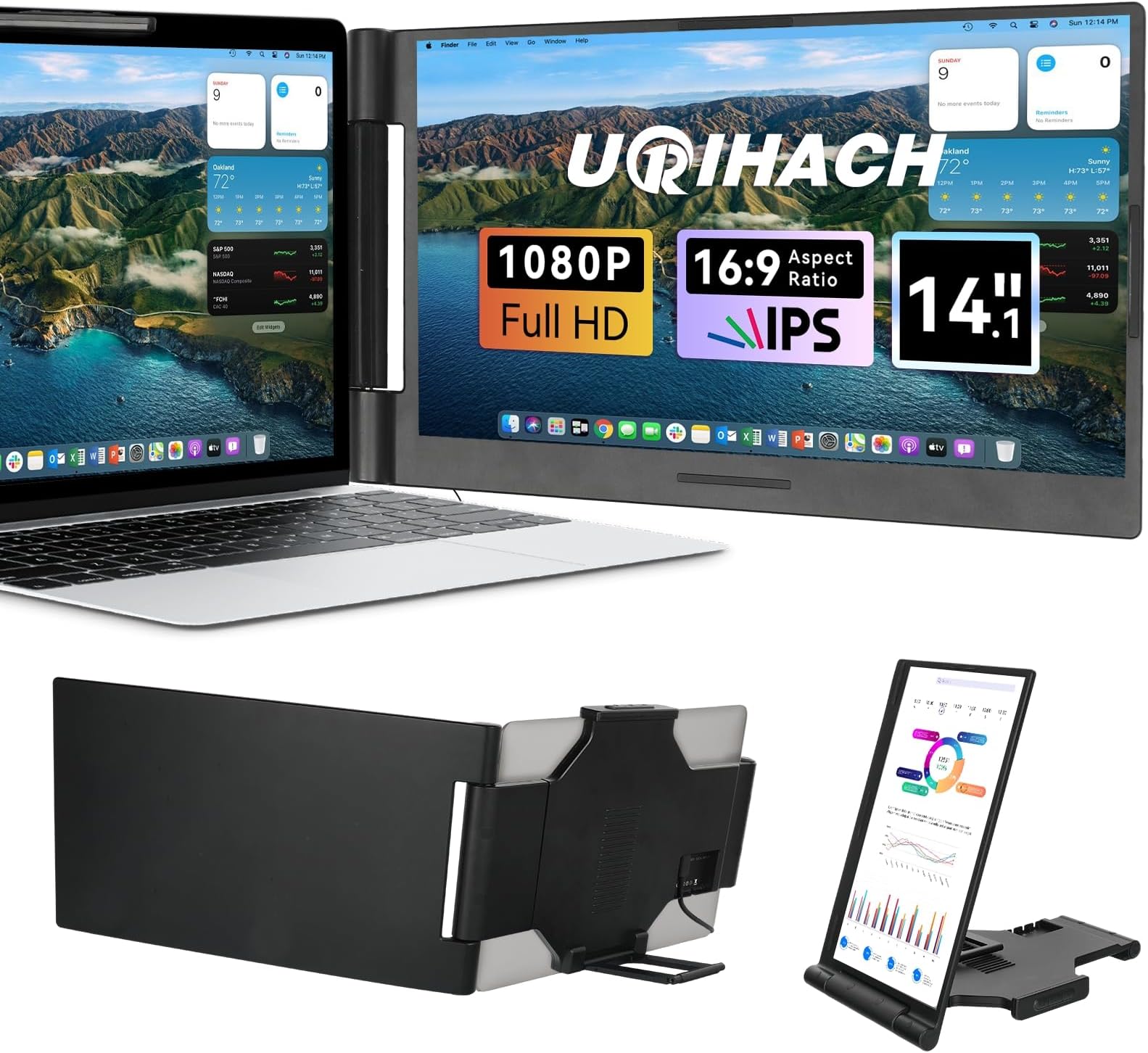 Laptop Screen Extender 15 inch Laptop Monitor Extender 1080P IPS, 280° Rotation Portable Monitor for Laptops 13-17.3" with USB-C DP/HDMI Port, Plug-Play Dual Screen for Windows/Mac/Chrome/Android