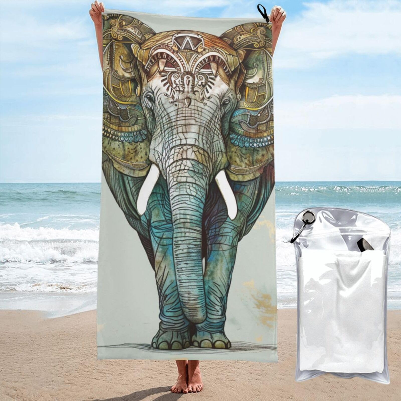 kkvhhyuo Microfiber Beach Towel, Elephant print Printed Lightweight Quick Dry Travel Bath Sheet with Compact Carry Bag for Swimming Yoga Camping Gym,27.5"x55"