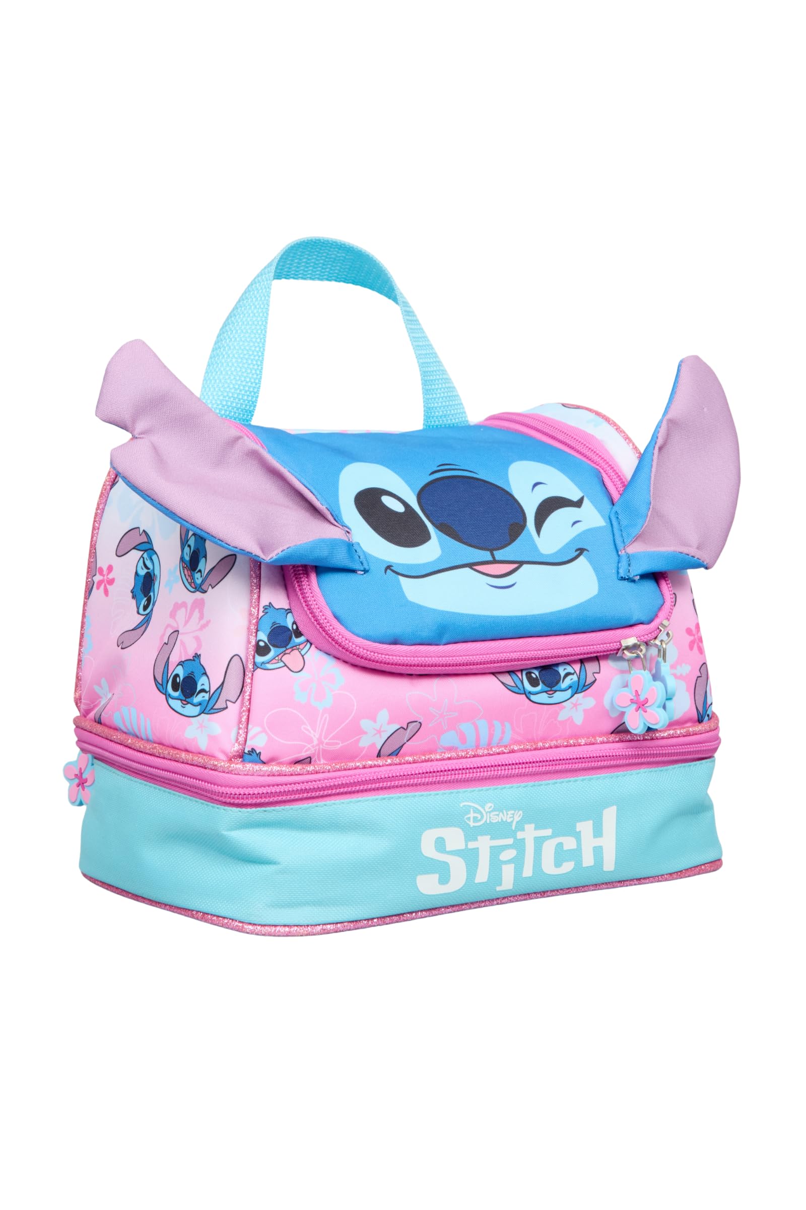 Disney Stitch Sac à déjeuner pour filles – Oreilles 3D – Boîte à déjeuner isotherme rose et bleue pour enfants – Double compartiment – Sac à goûter Lilo & Stitch