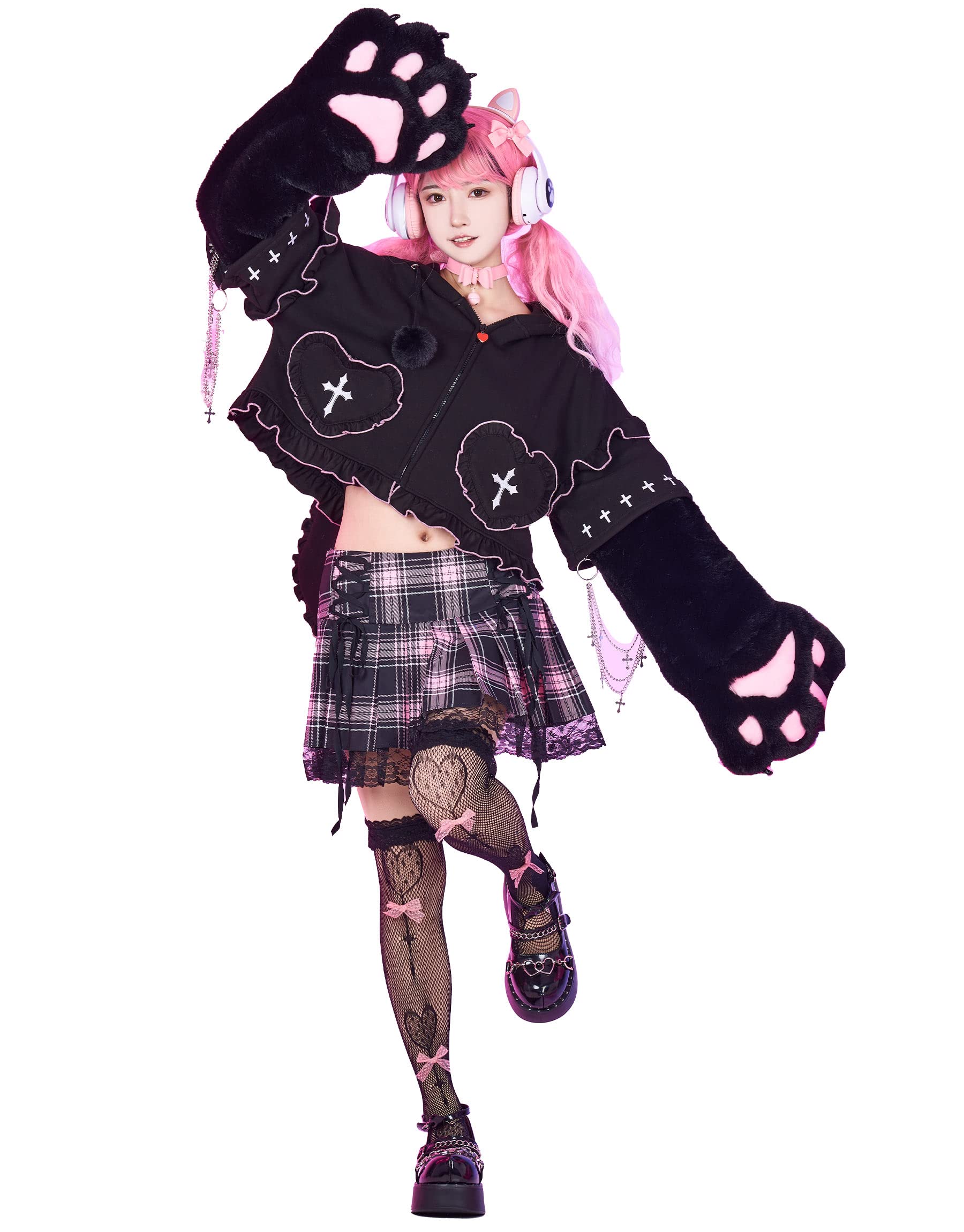 Micotaku Womens Gothic Pullover Hoodie Bunny Ears Furry Paw Design with Detachable Bag and Gloves