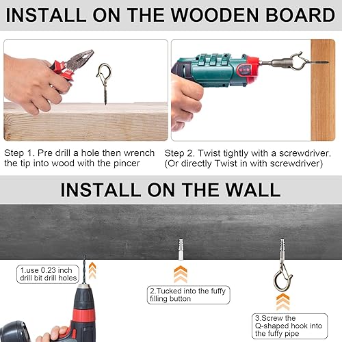 Miniatura 27 de Q Hanger - 35 ganchos de rosca para tiras de luces al aire libre, cesta colgante giratoria para patio, ganchos de luz con hebilla segura atornillada