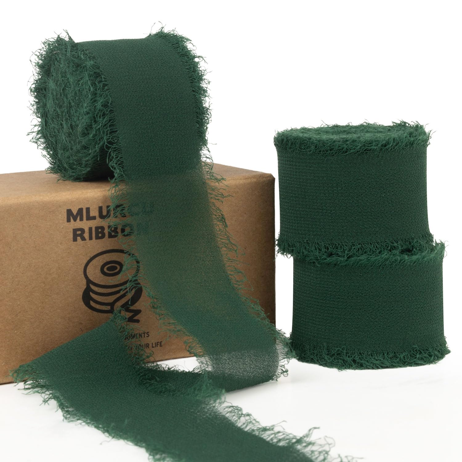 Mlurcu Forest Green Chiffon Ribbon 1 Inch x 21Yards Handmade Fringe Chiffon Silk Ribbon Boho Frayed Ribbon Dark Green Ribbon for Gift Wrapping, Wedding Invitation, Bridal Flower Bouquets
