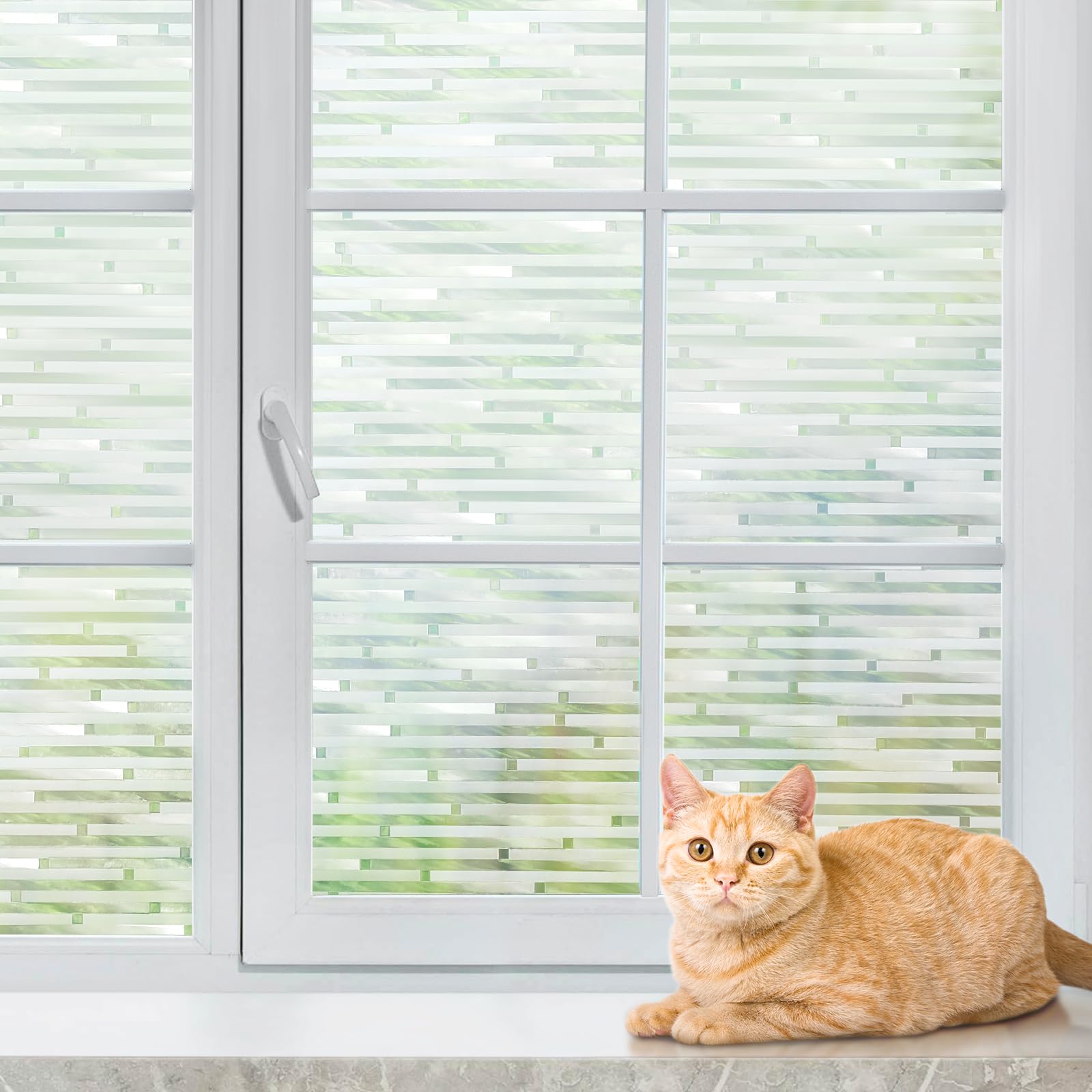 rabbitgoo Window Privacy Film, Frosted Glass Window Film Sun Blocking, Static Cling Privacy Decorative Cling Non-Adhesive Glass Covering, Striped Tint