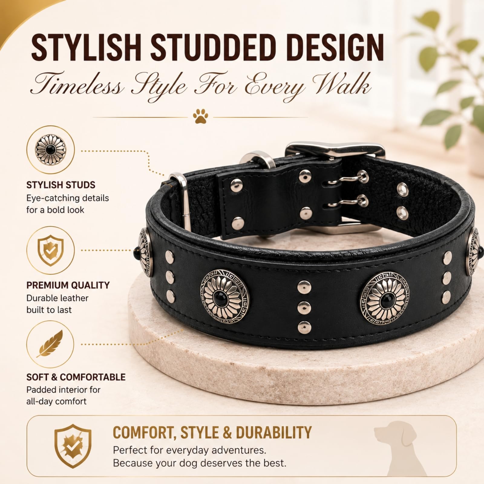ADITYNA Hundehalsband aus Leder, mit Nieten, Größe XL, robustes Hundehalsband für extra große Hunde mit Polsterung, 4,4 cm breit, verstellbar 58,4 cm – 71,1 cm, für Deutsche Dogge, Cane Corso