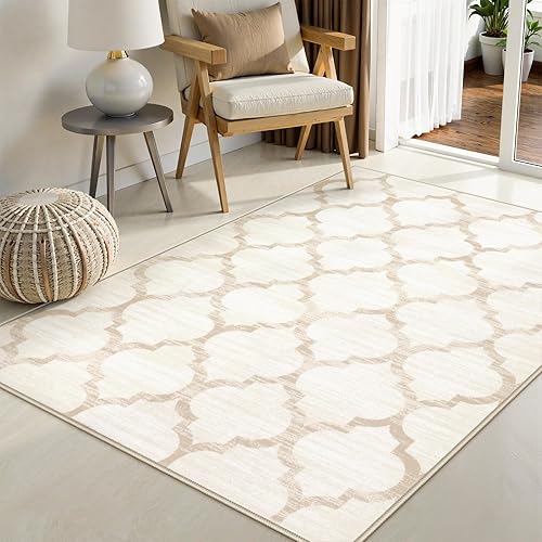 Miniatura 3 de Lahome - Alfombra marroquí, lavable, de 3 x 5 pies, estética, antideslizante, de pelo bajo, decorativa, de color marfil y envejecida, para hogar y