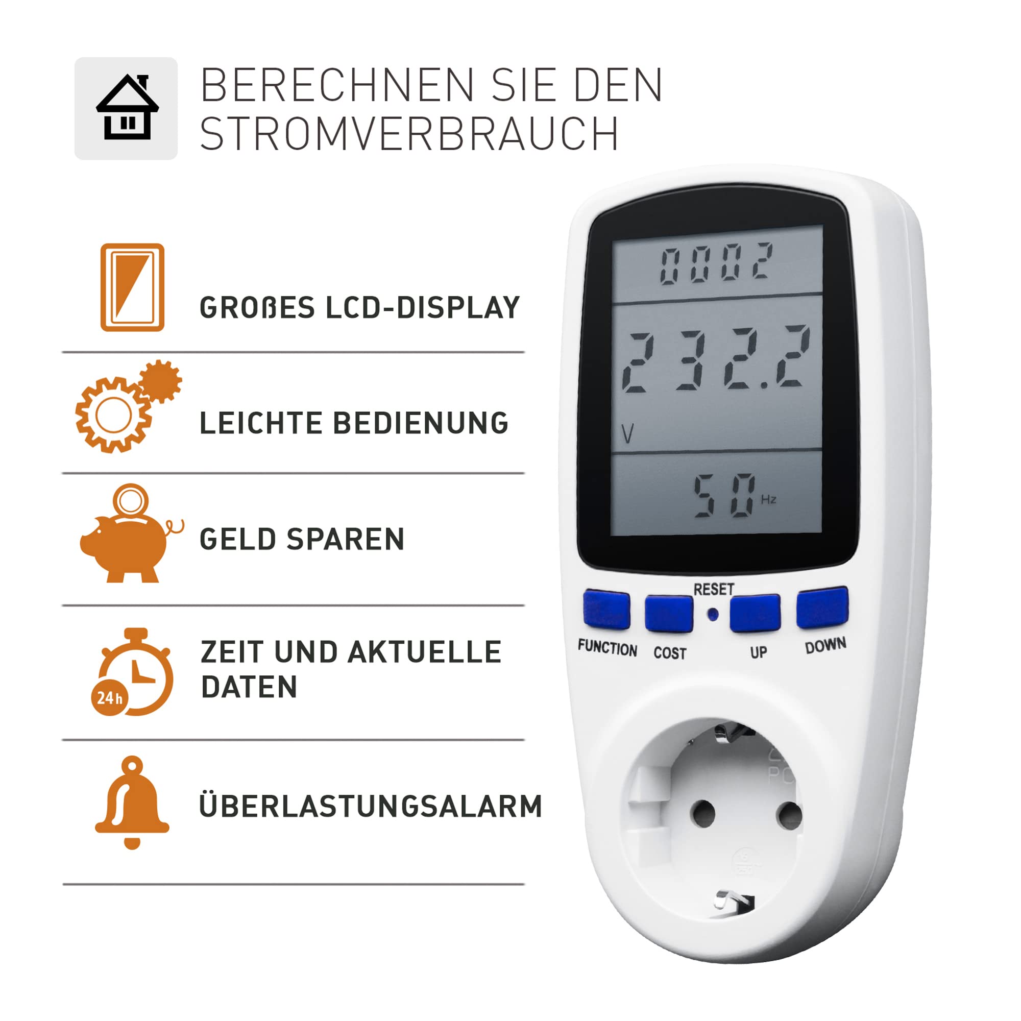 X4-LIFE Miernik prądu do gniazd wtykowych – z wyświetlaczem LCD – miernik kosztów energii – oszczędność pieniędzy dzięki dokładnym kosztom energii elektrycznej