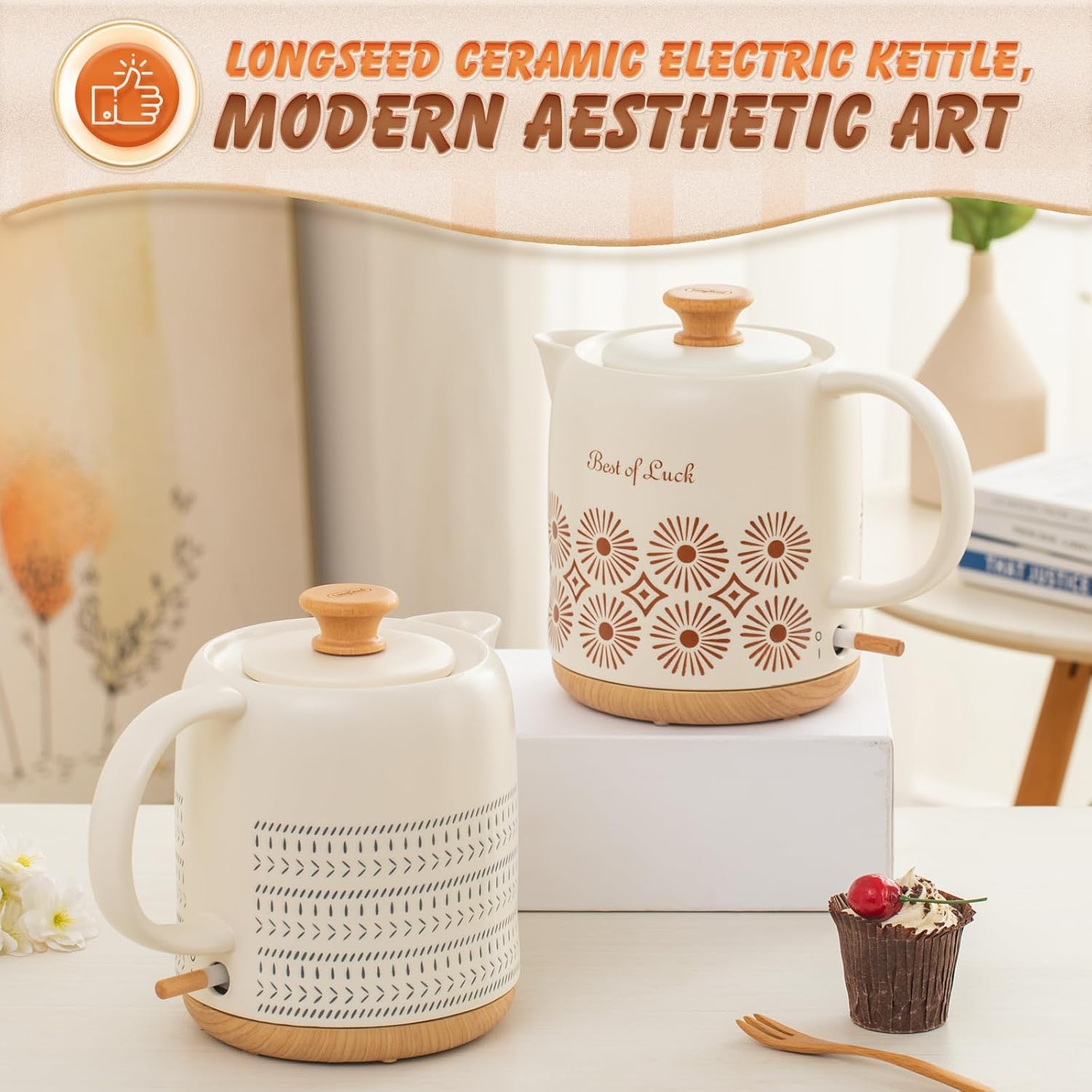 Ceramic Electric Kettle 1 Quarts, Automatic Shut Off, Porcelain Teapot, Hot Water Electric Boiler with LED Light, Boil Dry Protection, Short Spout 1000W Rapid Boiling Water for Tea Coffee