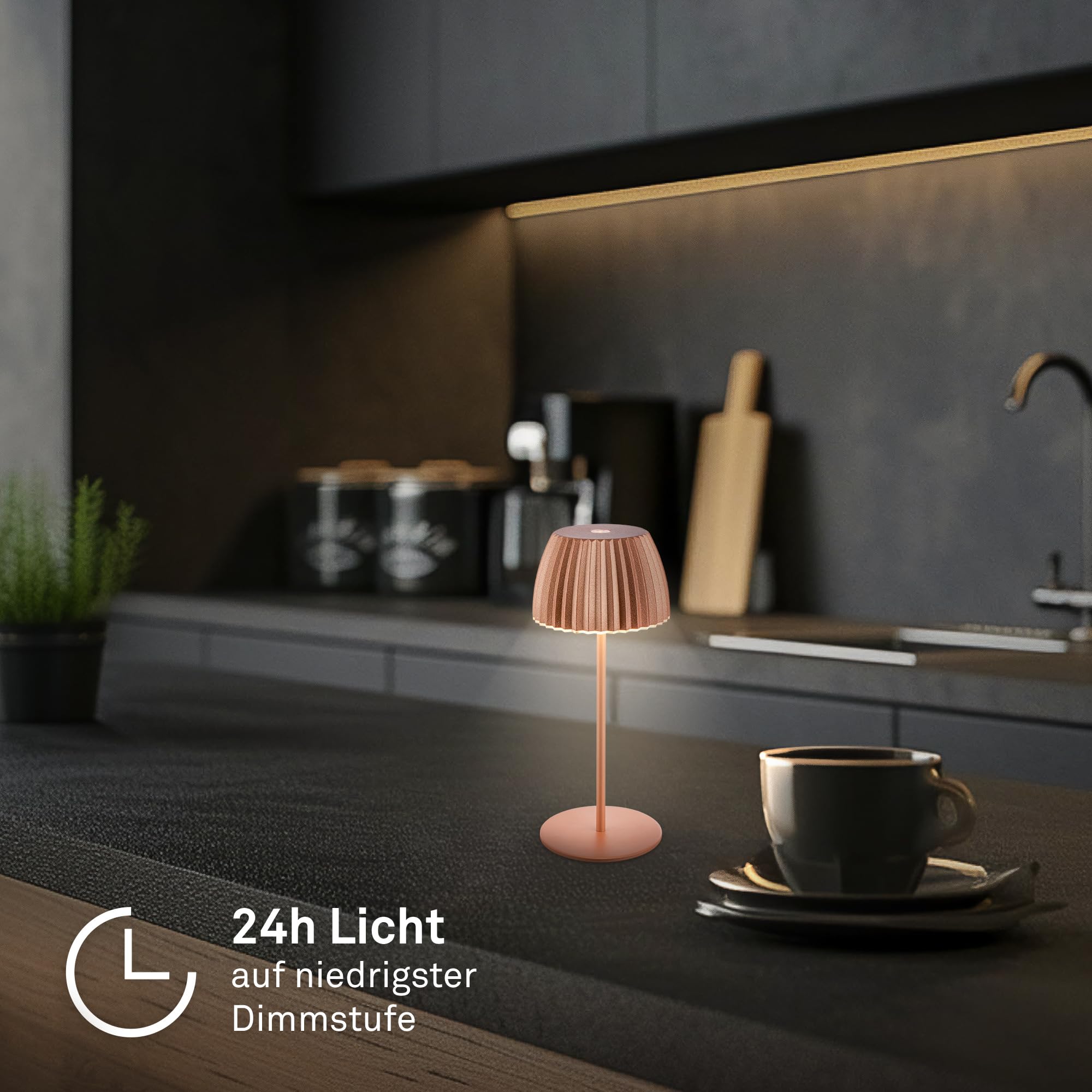 BRILONER Riffle Mini bezprzewodowa lampa stołowa LED IP44 z jasną krawędzią, 8,5 x 20 cm, ściemniacz dotykowy, wymienna bateria, lampka nocna, German Design Award Winner 2025, kolor miedziany