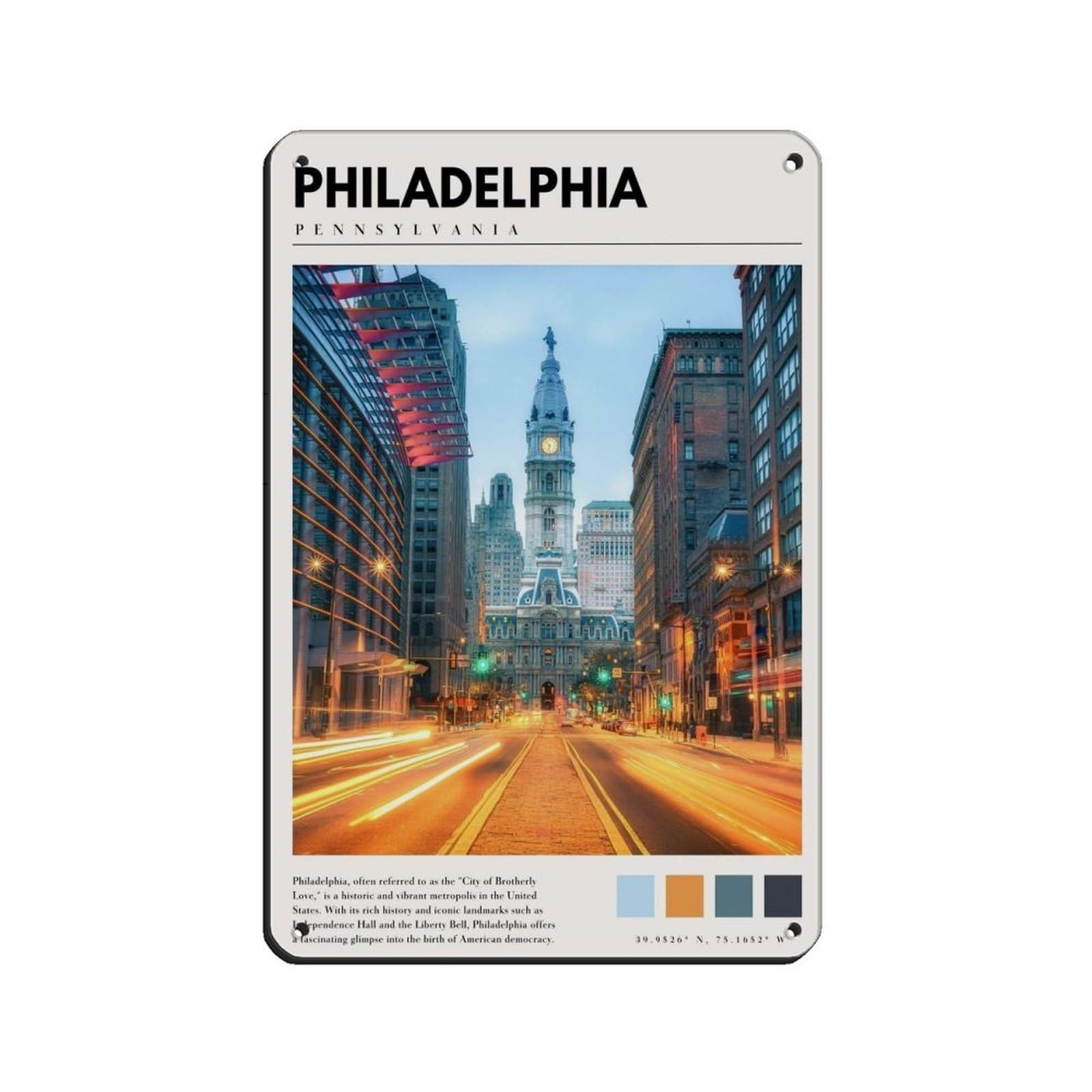Philadelphia Pennsylvania Poster Tin Sign Vintage Metal Pub Club Cafe Bar Home Wall Art Decoration Poster Retro 8x12inch(20x30cm)