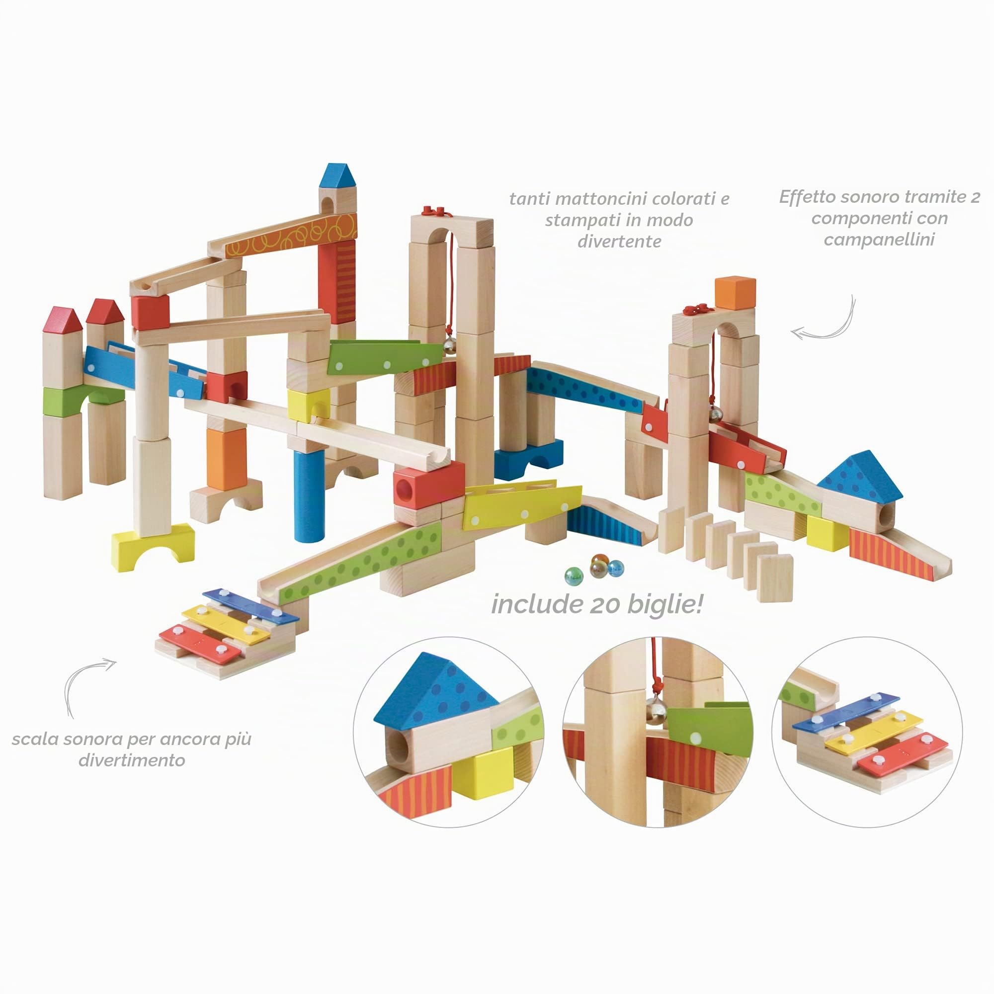 roba Pista delle Biglie Grande in Legno - 100 Pezzi - con Mattoncini da Costruzione in Legno con Effetti Sonori e Biglie in Vetro - Gioco per la motricitá con Varie Possibililtá di Composizione