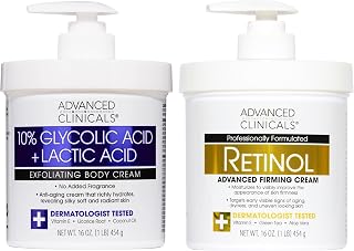 Advanced Clinicals Retinol Body Cream & 10% Glycolic Acid Lactic Acid Lotion 2PC Set - Smooth Crepey Skin, Wrinkles, Rough Texture for Women & Men