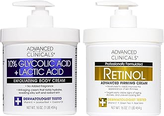 Advanced Clinicals Retinol Body Cream Moisturizer + Exfoliating 10% Glycolic Acid & Lactic Acid Lotion 2PC Skincare Set For Women & Men To Reduce Appearance Of Crepey Skin & Uneven Rough Skin Texture