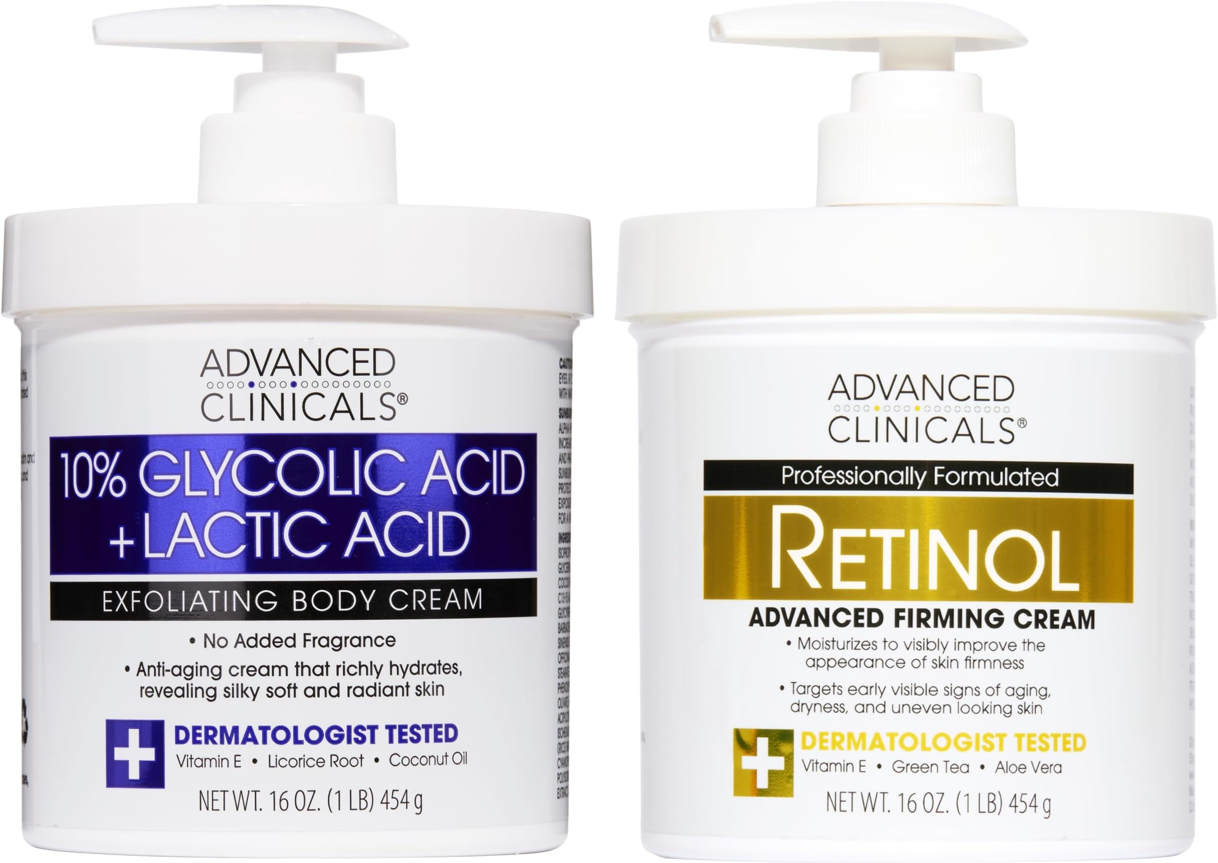 Advanced Clinicals Retinol Body Cream Moisturizer + Exfoliating 10% Glycolic Acid & Lactic Acid Lotion 2PC Skincare Set For Women & Men To Reduce Appearance Of Crepey Skin & Uneven Rough Skin Texture