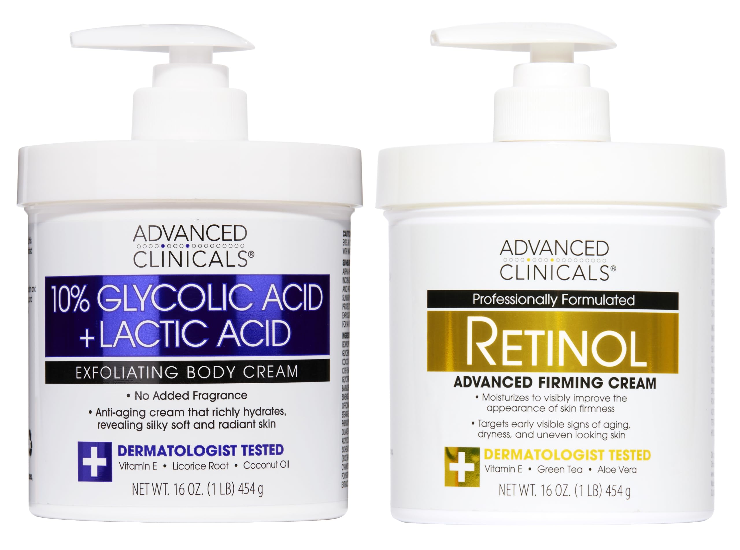 Advanced Clinicals Retinol Body Cream Moisturizer + Exfoliating 10% Glycolic Acid & Lactic Acid Lotion 2PC Skincare Set For Women & Men To Reduce Appearance Of Crepey Skin & Uneven Rough Skin Texture