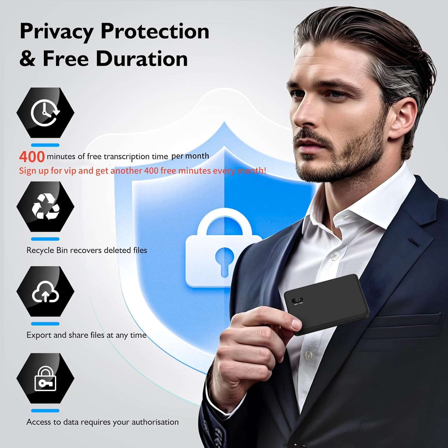 Man holding EVISTR AI Voice Recorder, illustrating privacy protection and free transcription duration