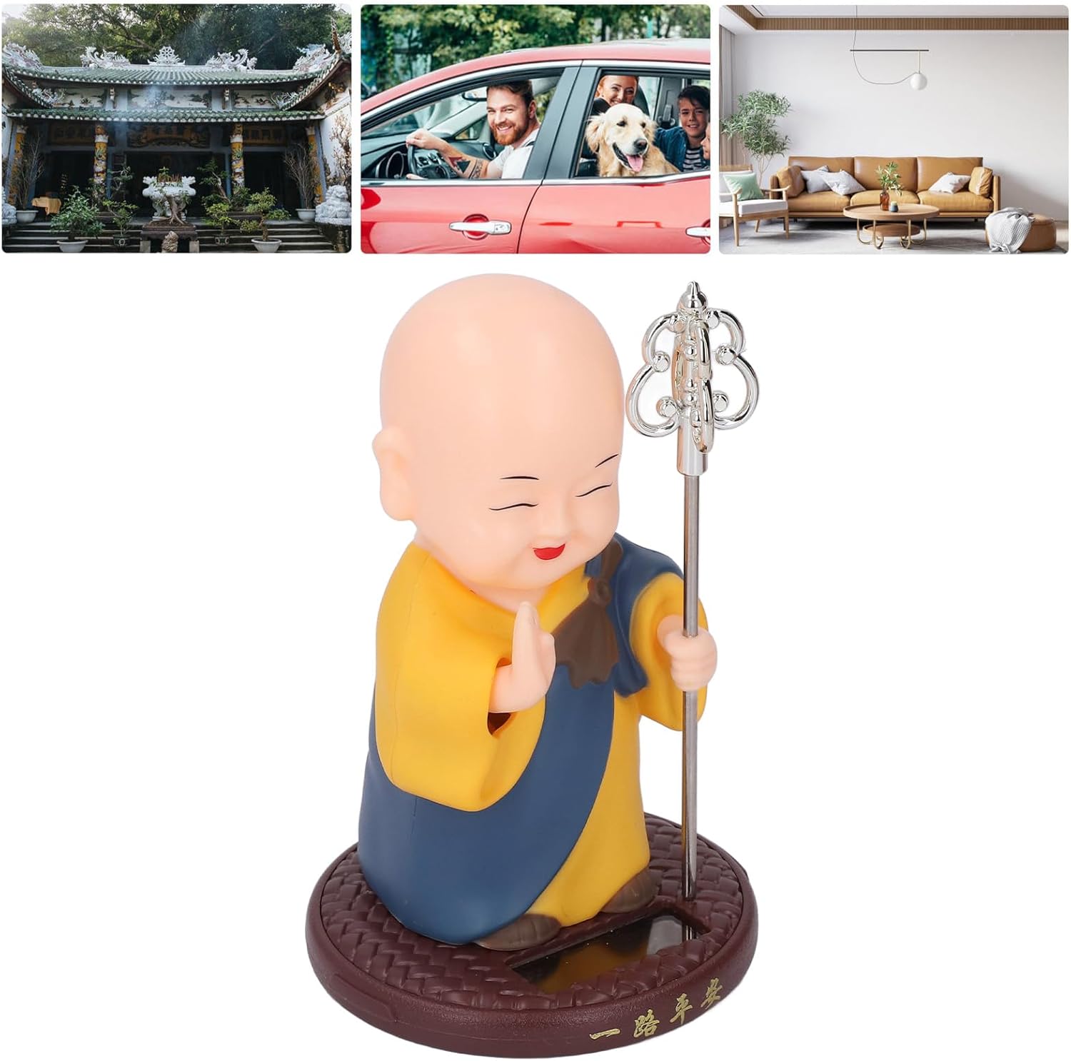Solar Little Monk Statue, Light Sensitive Automatic Nodding Waving Hands Lucky Mini Monk Figurine for Car Center Console Desktop Checkout Counter (Blue)
