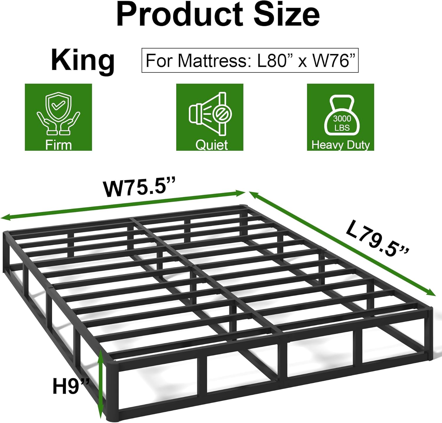 King Box Spring Bed Base 9 Inch High, 3000 LBS Heavy Duty Metal Mattress Foundation with Fabric Cover, Easy Assembly, Quiet Noise Free, Non Slip
