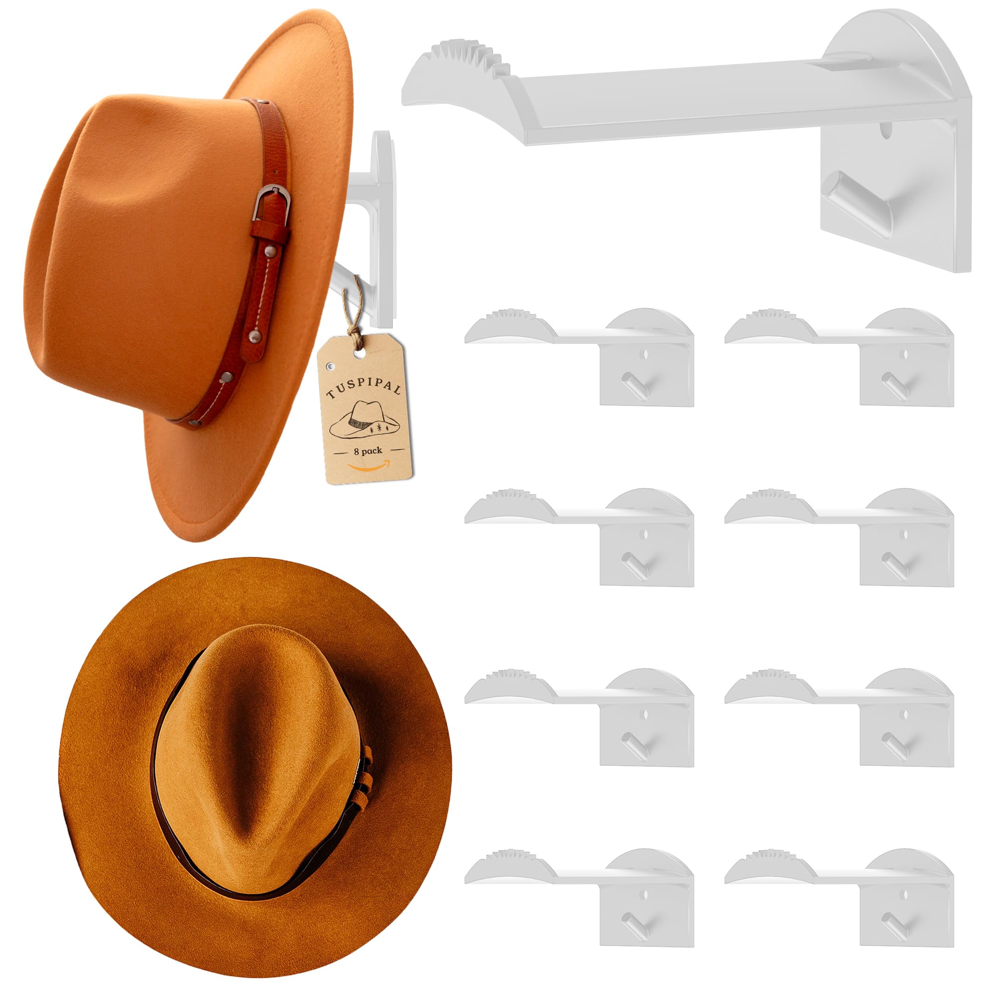 TUSPIPAL 2.9Inch Hat Hooks for Wall - (8 Pack) Cowboy Hat Rack,SuitableSun Hats, Fedora, Wide Brim Hats Strong Hold Hat Hangers for Wall，Western Room Decor- (White)