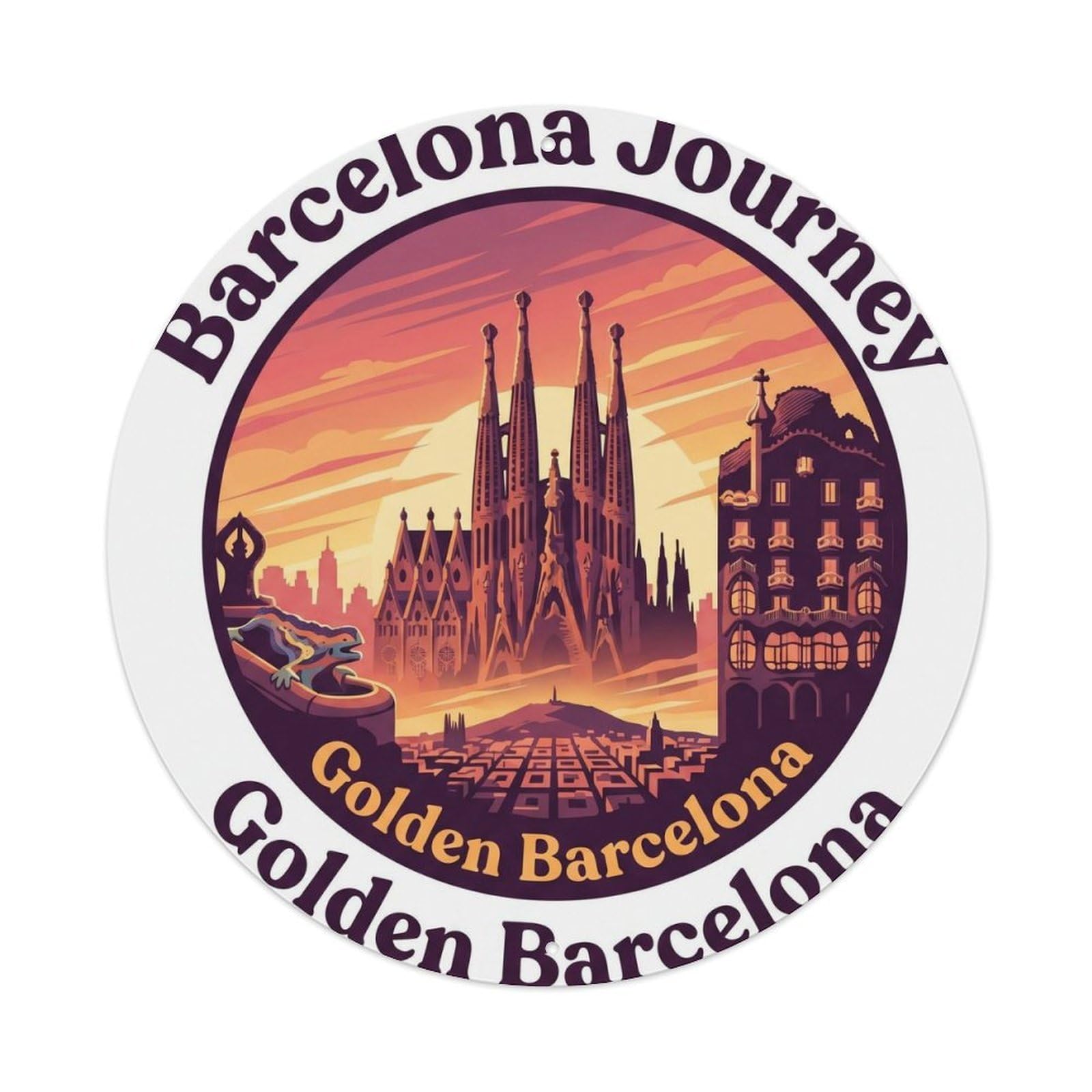 Classic Barcelona Cityscape Sunset Journey Travel Guide Metal Tin Sign Plaque Wall Decor for Cafe, Man Cave, Club Bar, Office, Home Garden Round Metal Poster 8x8Inch