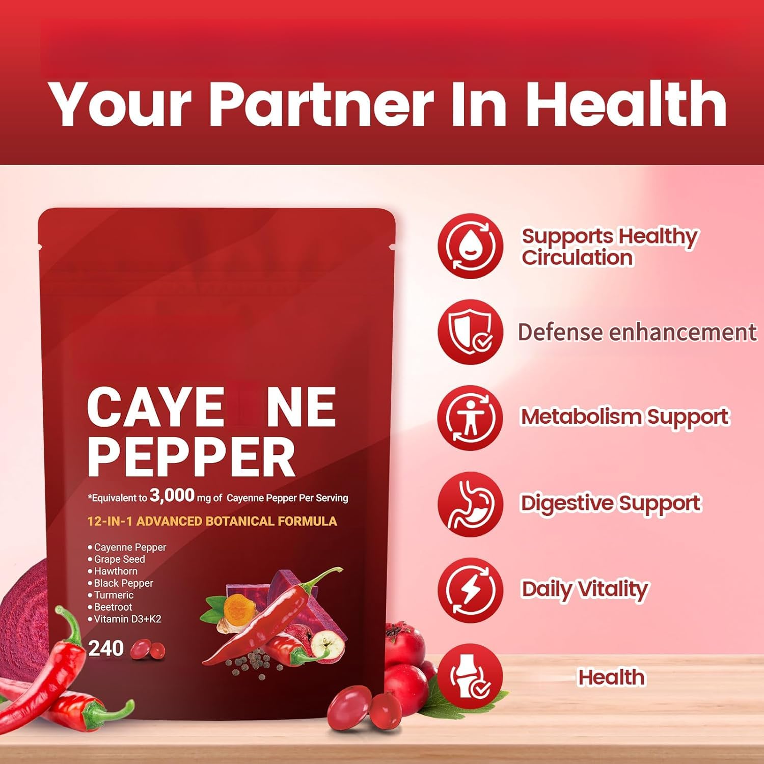 Complesso di pepe di cayenna, aiuta a nutrire l'intestino, la digestione delicata, il supporto del metabolismo, promuove l'equilibrio e la vitalità