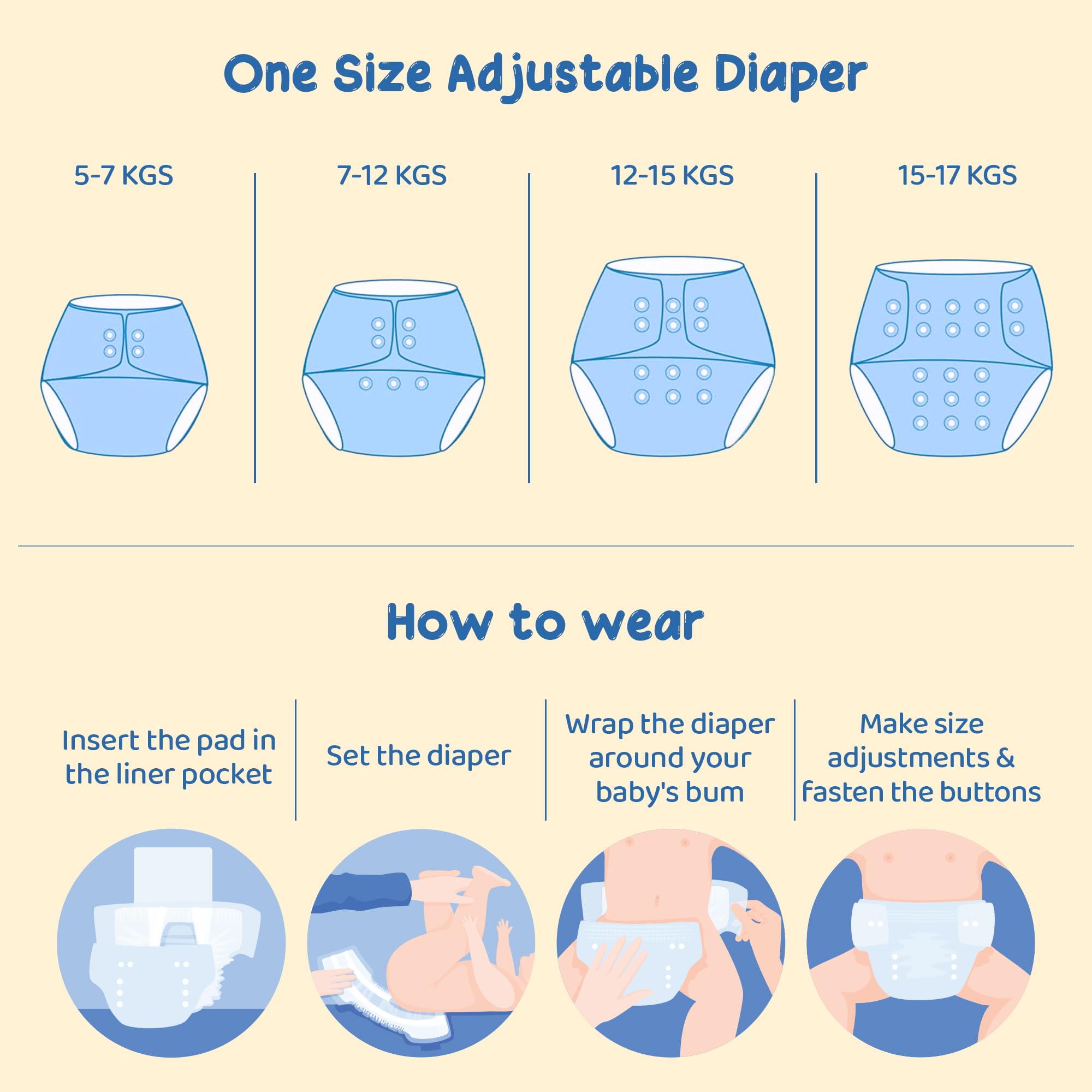 VIRTI MINI ME 6-Pack Reusable Cloth Diapers with Inserts | Adjustable, Washable, Leak-Proof Nappies for Babies & Toddlers | Soft, Breathable Cotton | Unisex Solid Colors | Eco-Friendly & Absorbent 1