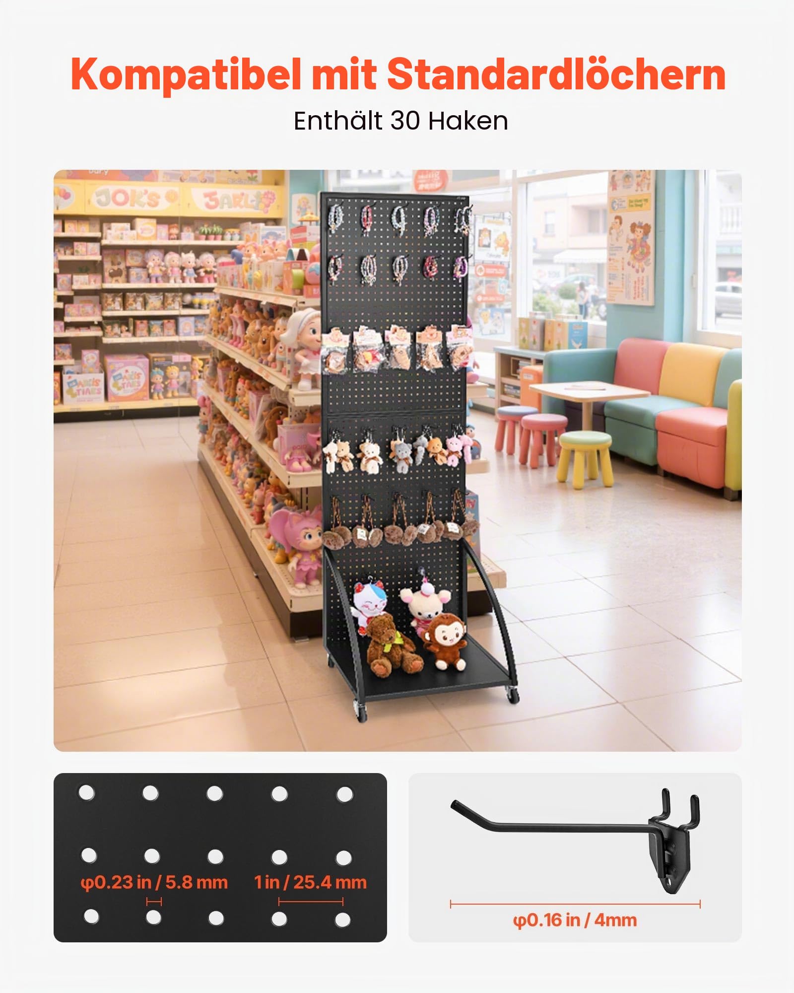 VEVOR Stecktafel Displayständer, 390x600x1770 mm, Präsentationsständer mit Rollen und 30 Haken, verdickte Tafelplatte aus kaltgewalztem Stahl für Einzelhandels- & Juweliergeschäfte, Schwarz