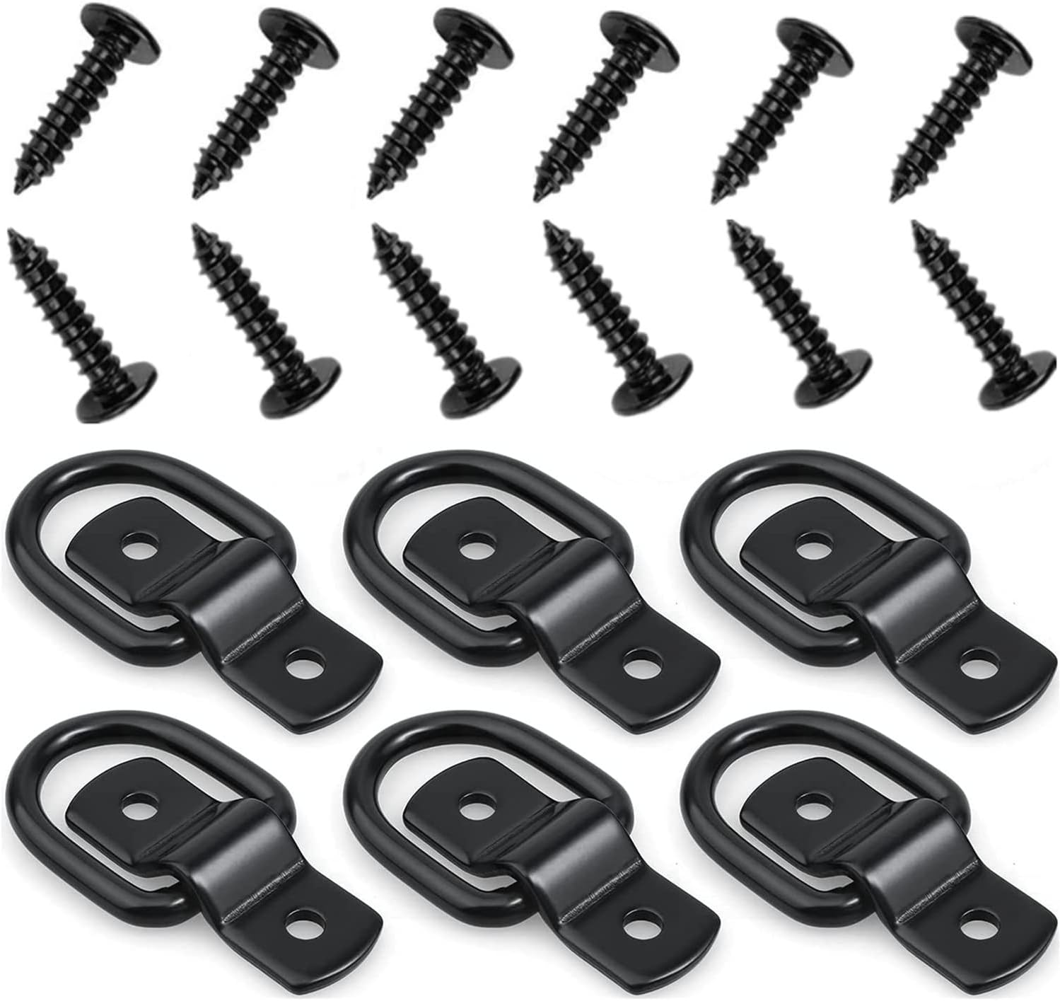 6 Pack D-Ring Tie Downs,Anchors Lashing Ring 1/4" Heavy Duty Stainless Steel Trailer Tie Down Hooks with Screws for Truck, Trailer, Camper, Warehouse, Boat, Motorcycles,Cargo Load (Black)
