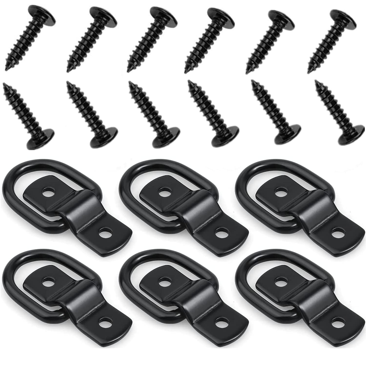 6 Pack D-Ring Tie Downs,Anchors Lashing Ring 1/4" Heavy Duty Stainless Steel Trailer Tie Down Hooks with Screws for Truck, Trailer, Camper, Warehouse, Boat, Motorcycles,Cargo Load (Black)