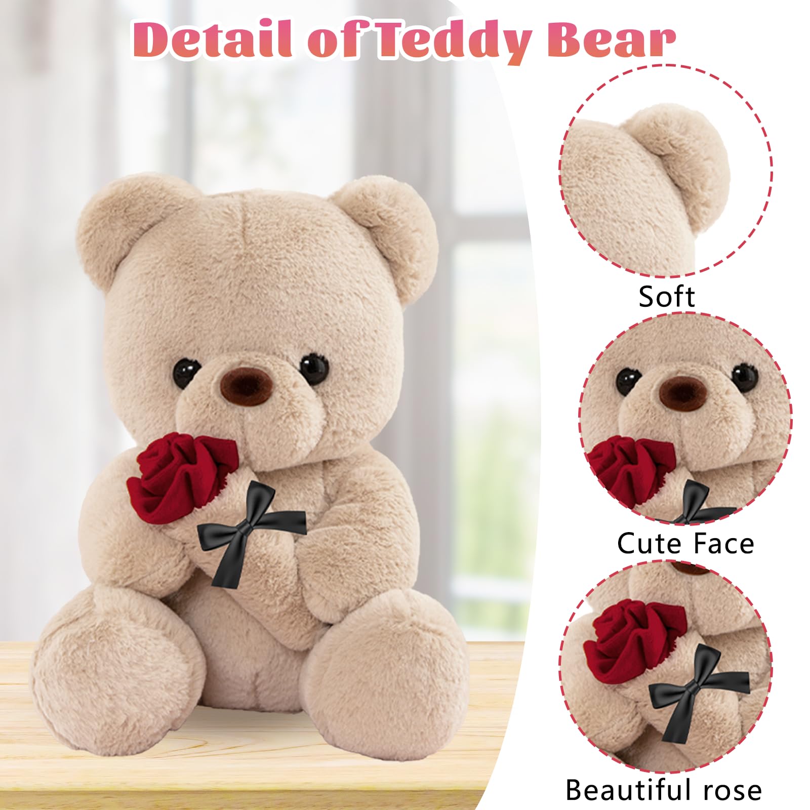 Oso de Peluche con Rosa, Regalos Originales para Mujer, 25cm Oso de Peluche Osito Peluche Tierno Juguete de Peluche con Marrón Regalo Sant Jordi Aniversario Cumpleaños Boda para Mujer Amiga