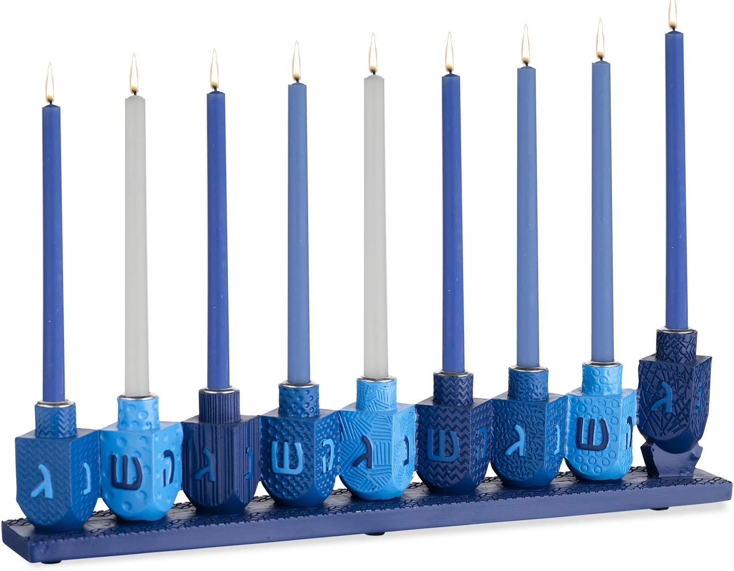 Rite Lite Blue Dreidels Menorah Modern Hanukkah Centerpiece Jewish Holiday Party Favor Decor | Resin Fits Most Chanukah Candles, Elegant Judaica Décor Festival of Lights Hostess Gifts 11.50" H