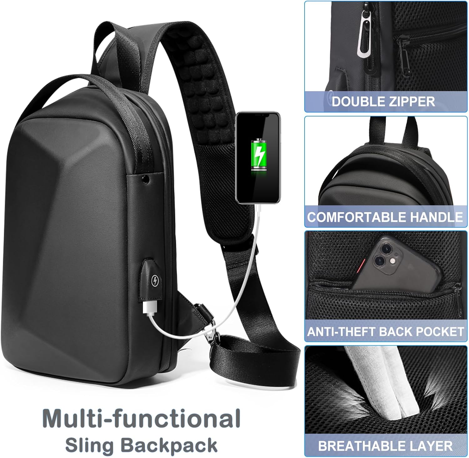 FENRUIEN Anti-Theft Crossbody Sling Backpack Bag for Men Hard Shell with USB, Shoulder Pack Lock Waterproof 10.2 inch Single Strap for Travel Hiking - Image 4