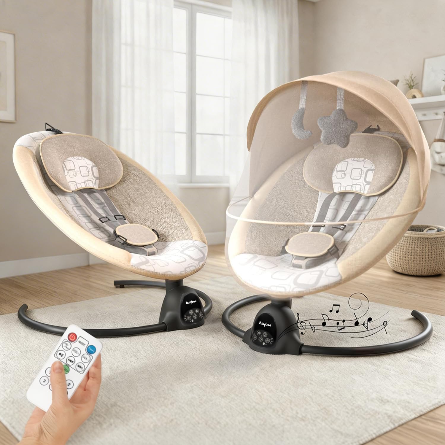 GoodLuck Baybee Electric Baby Swing Cradle for New Born Baby | Rocker for Babies with Adjustable Speed & Safety Belt | Automatic Swing Cradle with Mosquito Net, Music & Toys for Boys Girls (Beige)