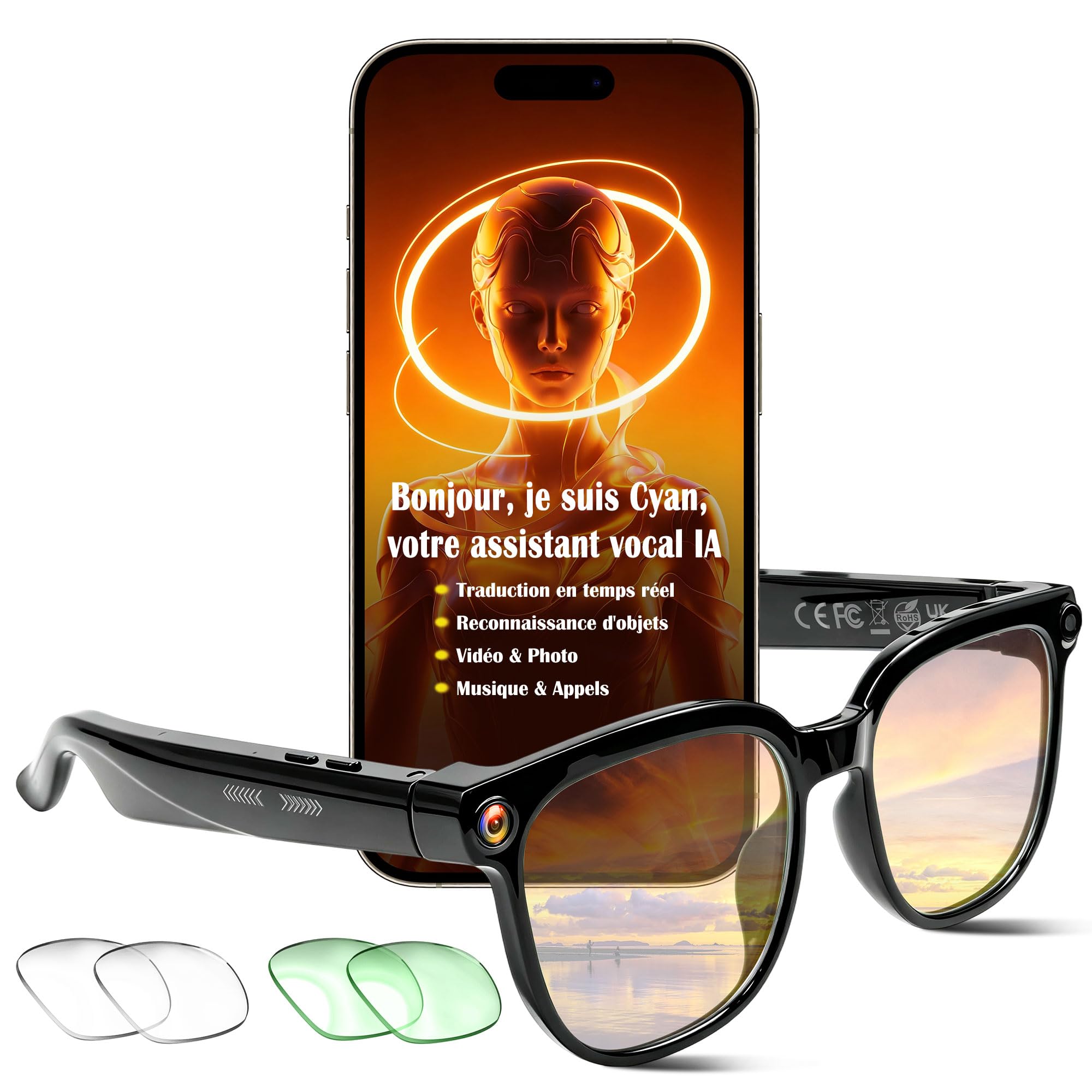 Lunette Camera IA, Lunettes Caméra Connectées, Mini Camera Espion