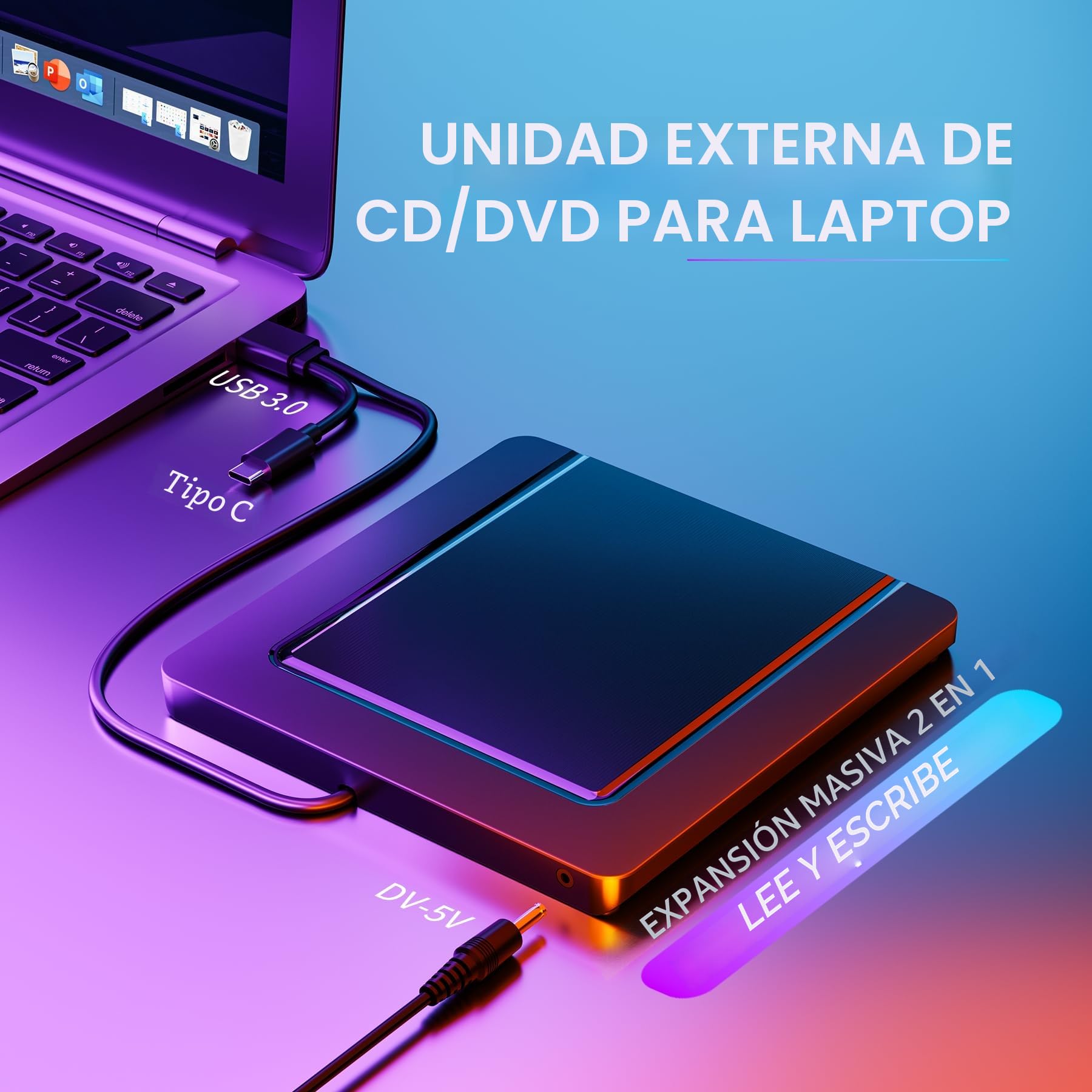Unidad Externa de CD DVD CD/DVD Externa USB 3.0 y USB-C, grabadora de CD DVD +/-RW ROM Optical External DVD Drive para Ordenador portátil, PC, Escritorio, MacBook, Windows 11/10/8/7/XP/Linux/MacOS