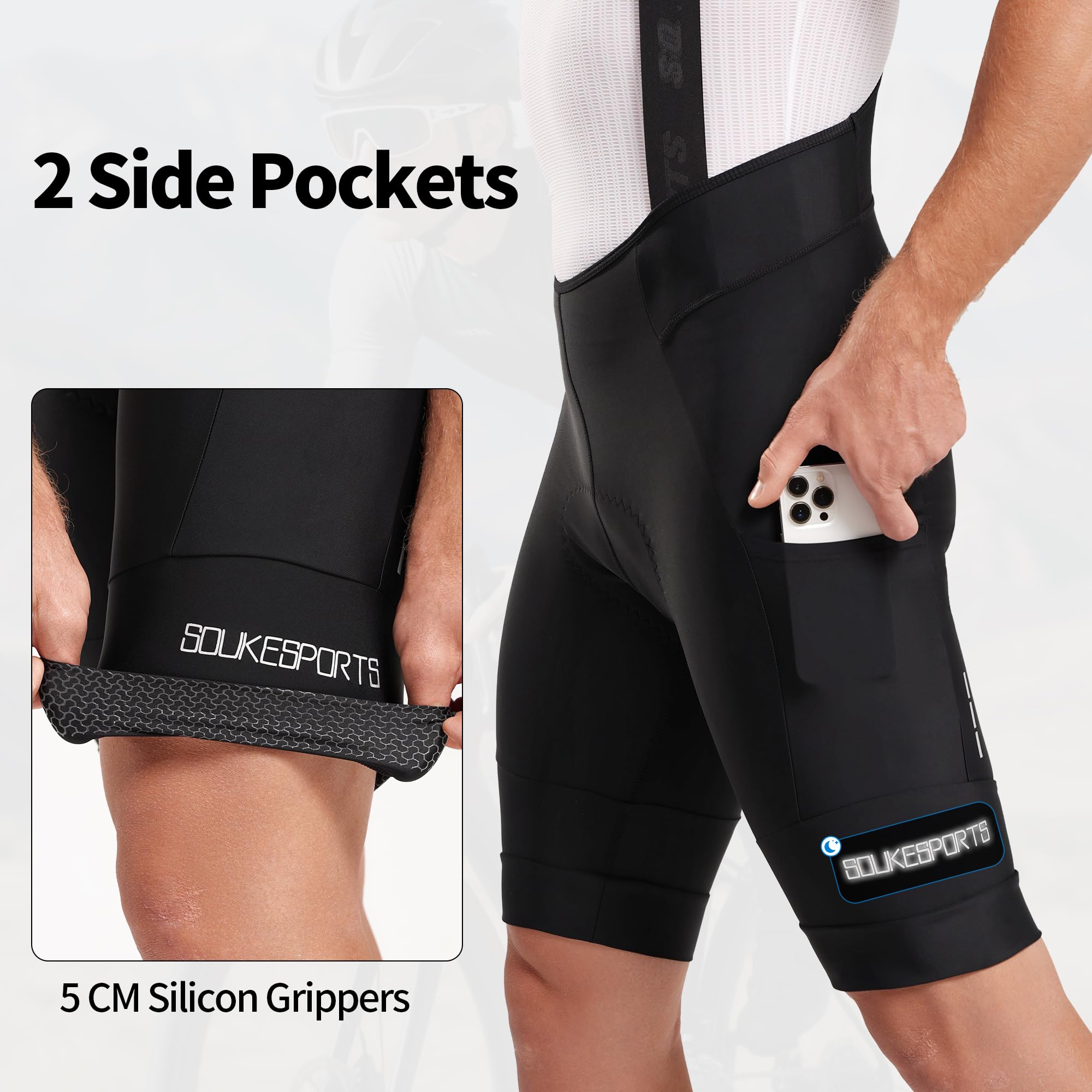 Souke Sports Bib Shorts Herren Radsport-Trägerhose,Atmungsaktive Multifunktionale Tasche Fahrrad Trägerhose with Komfortables Sitzpolster für Rennrad &MTB