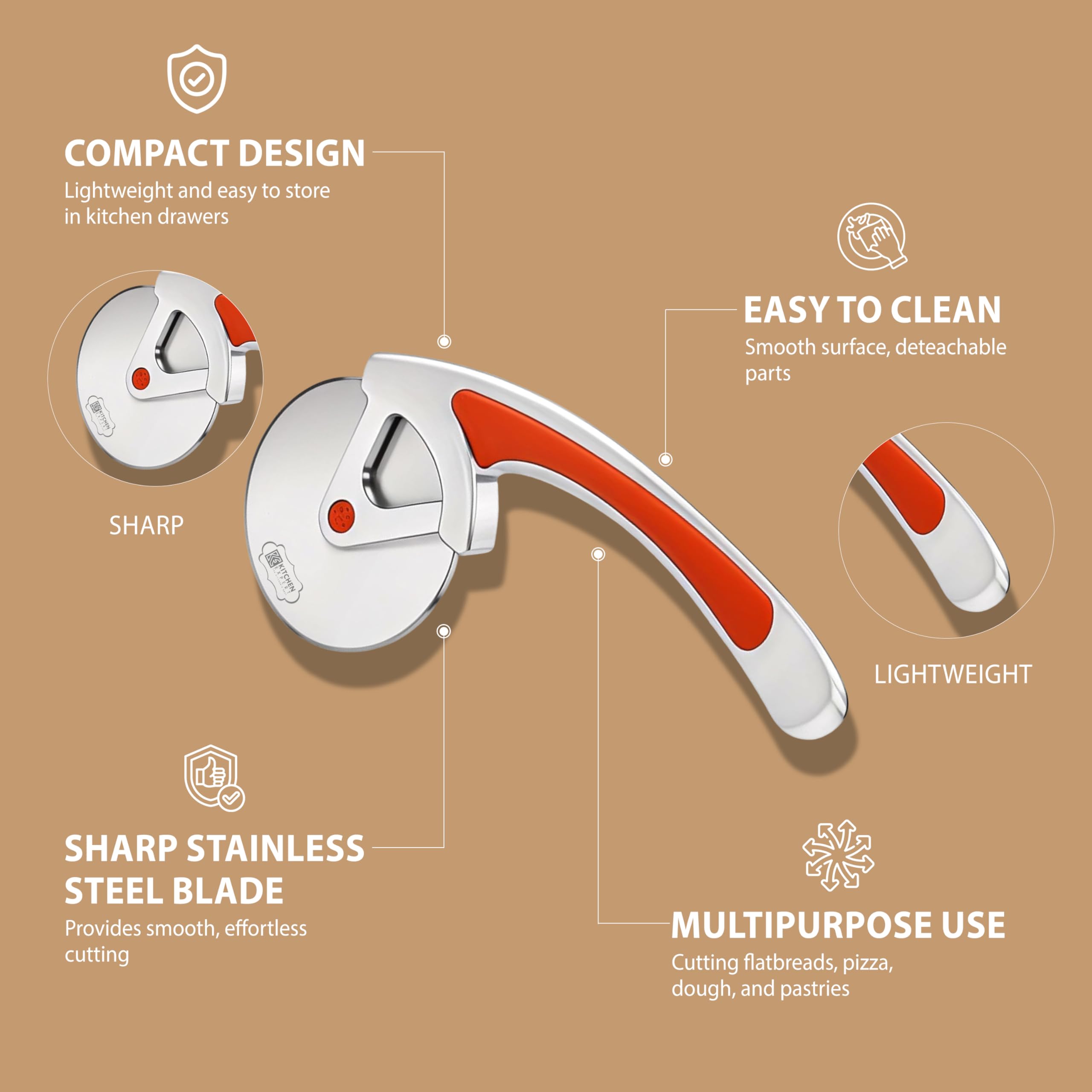 Kitchen Expert Premium Pizza Cutter | Smooth Rolling Blade | Ideal for Cutting Pizza/Sandwich/Breads/Burger/Paratha | Rotating Slicer | Strong Handle | Multipurpose | 1 Pc 1