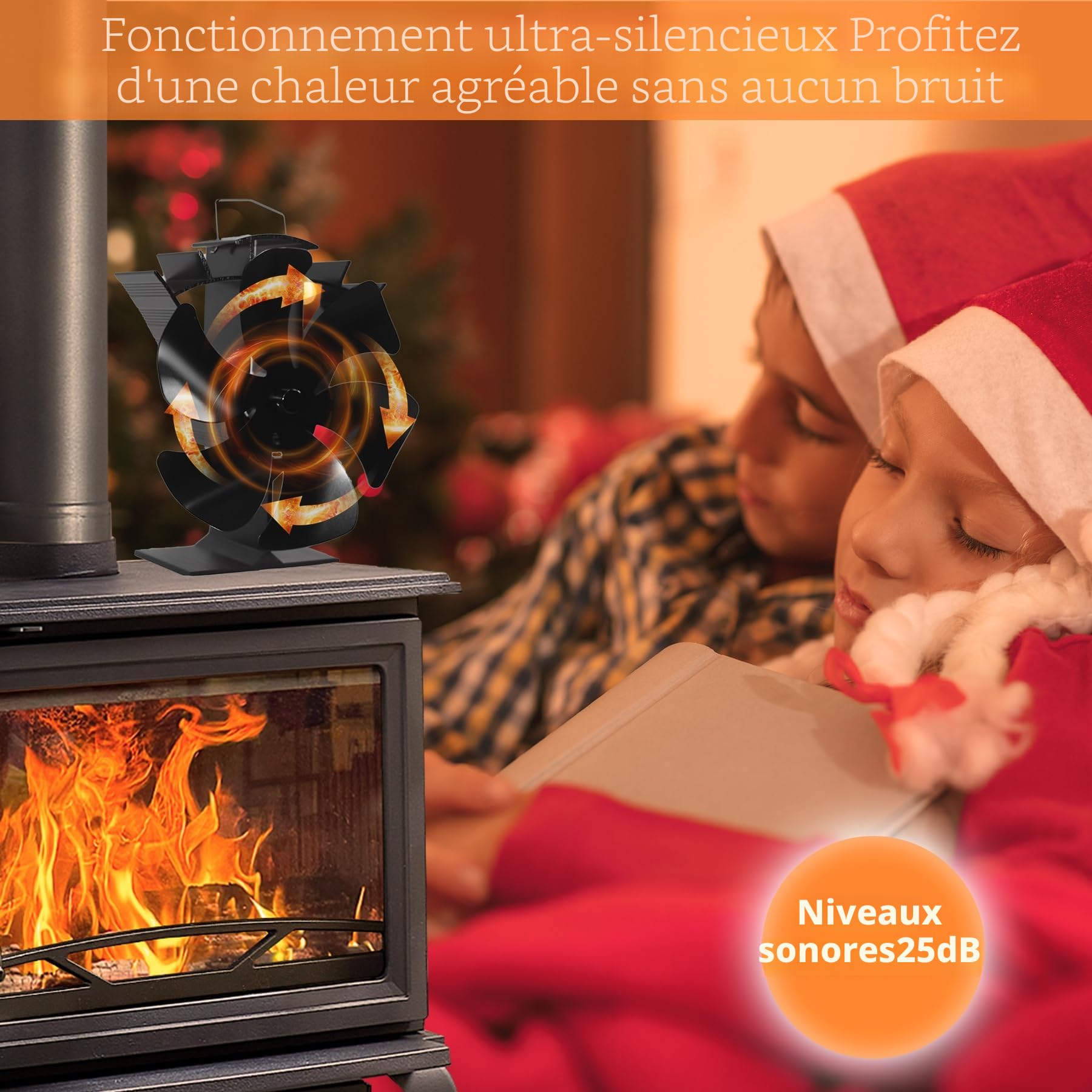Ventilateur de poêle à 6 pales sans électricité - Ventilateur de cheminée alimenté par la chaleur avec thermomètre - Fonctionnement silencieux - Compatible avec poêle à bois, cheminée et poêle