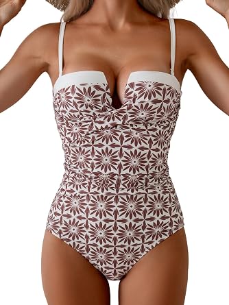 Aidonger Women's Push Up Wrap Swimsuit Tummy Control One Piece Bathing Suit | Bandeau Swim Suit, Color Block Slimming Swimwear, Tie Back, Adjustable Straps, Removable Bra Pads