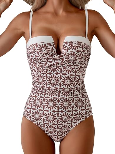 Aidonger Women's Push Up Wrap Swimsuit Tummy Control One Piece Bathing Suits Bandeau Color Block Slimming Swimwear