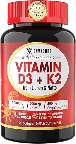 Cápsula blanda de suplemento de vitamina D3 K2 a base de plantas: Vit D3 10000 UI + vitamina K2 Mk7 200 mcg, algas omega-3, magnesio, vitamina B12 para huesos y músculos, apoyo inmunológico, absorción máxima, fácil de tragar, 1 paquete