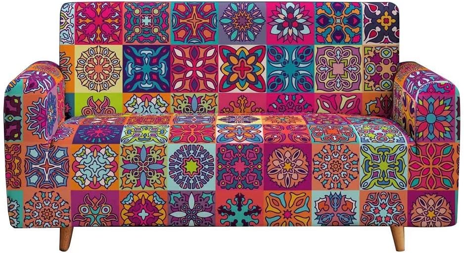 Bohemian Printed Sofa Cover Stretch Couch Covers Mandala Floral Sofa Slipcovers Elastic Universal Furniture Protector for 2 Cushion Couch and Loveseat(2-Seater, Fuchsia)