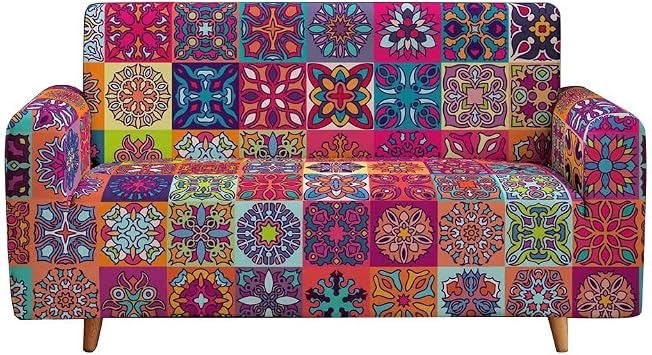 Bohemian Printed Sofa Cover Stretch Couch Covers Mandala Floral Sofa Slipcovers Elastic Universal Furniture Protector for 2 Cushion Couch and Loveseat2-Seater, Fuchsia