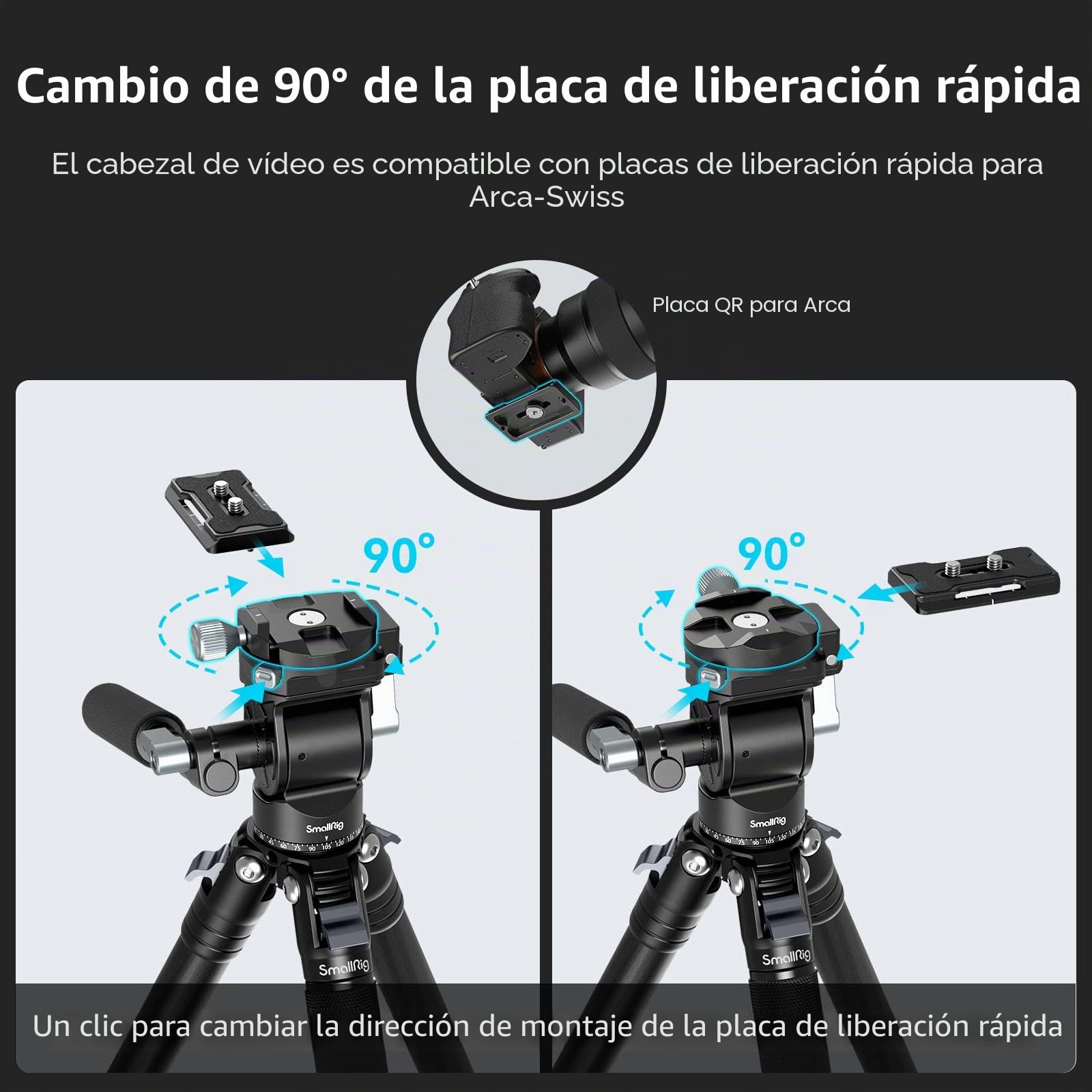 SMALLRIG Cabezal de Video, Cabezal Fluido de Inclinación y Giro de Trípode con Mango Telescópico y Placa QR Conmutable para Arca, Carga Máxima de 5kg/11libras para videocámara, sin espejo, DSLR - 4104