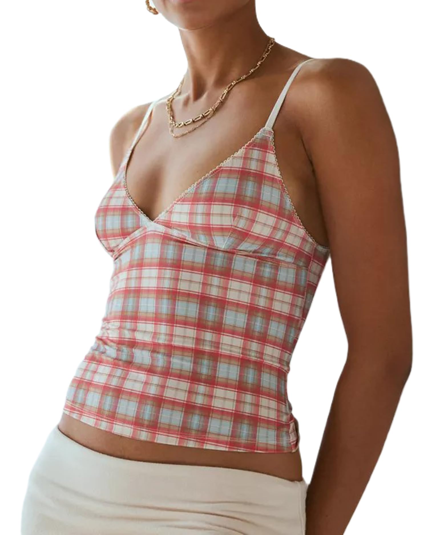 Polka Dot/Plaid Babydoll Tank Top for Women Y2k Spaghetti Strap Lace Trim Crop Cami Top Summer Going Out Tops